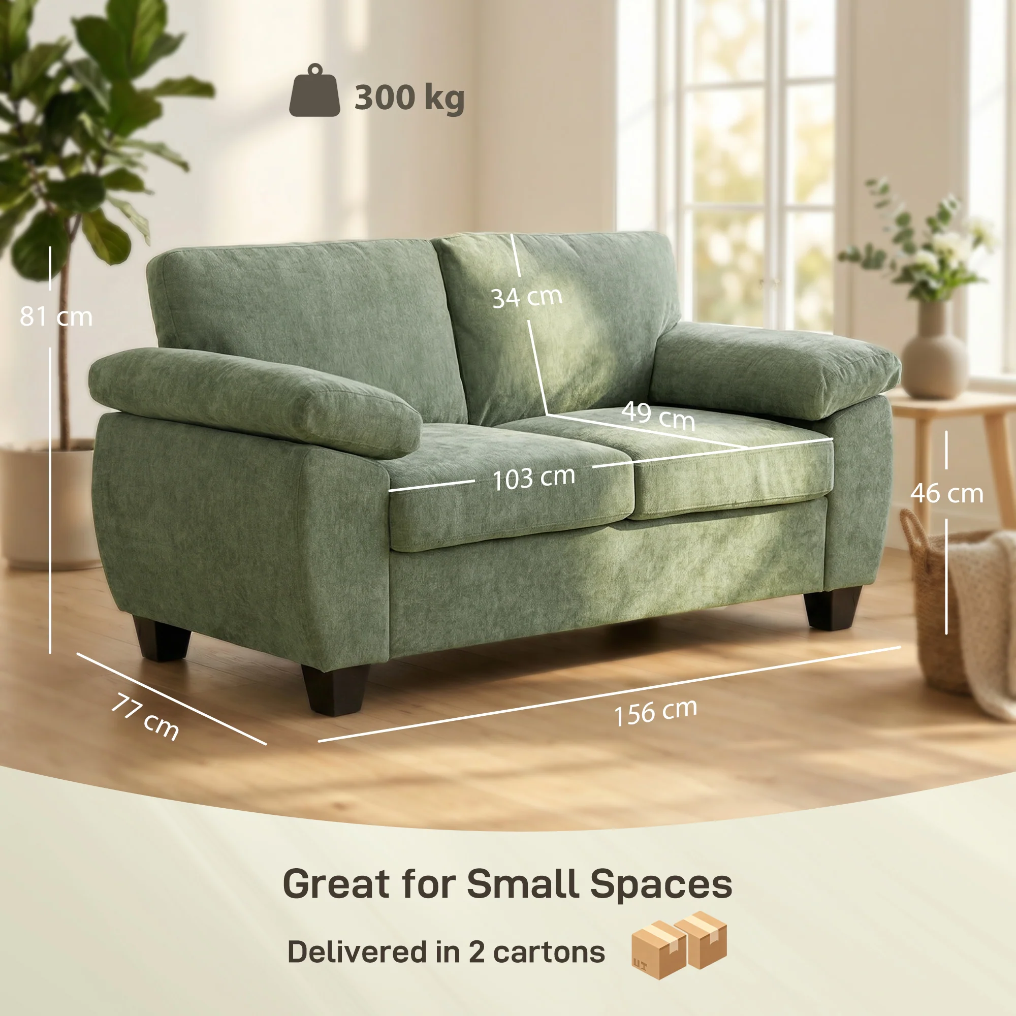 HOMCOM 2 Seater Sofa, Chenille Small Sofa with Spring Cushions, Dark Green - Image 5
