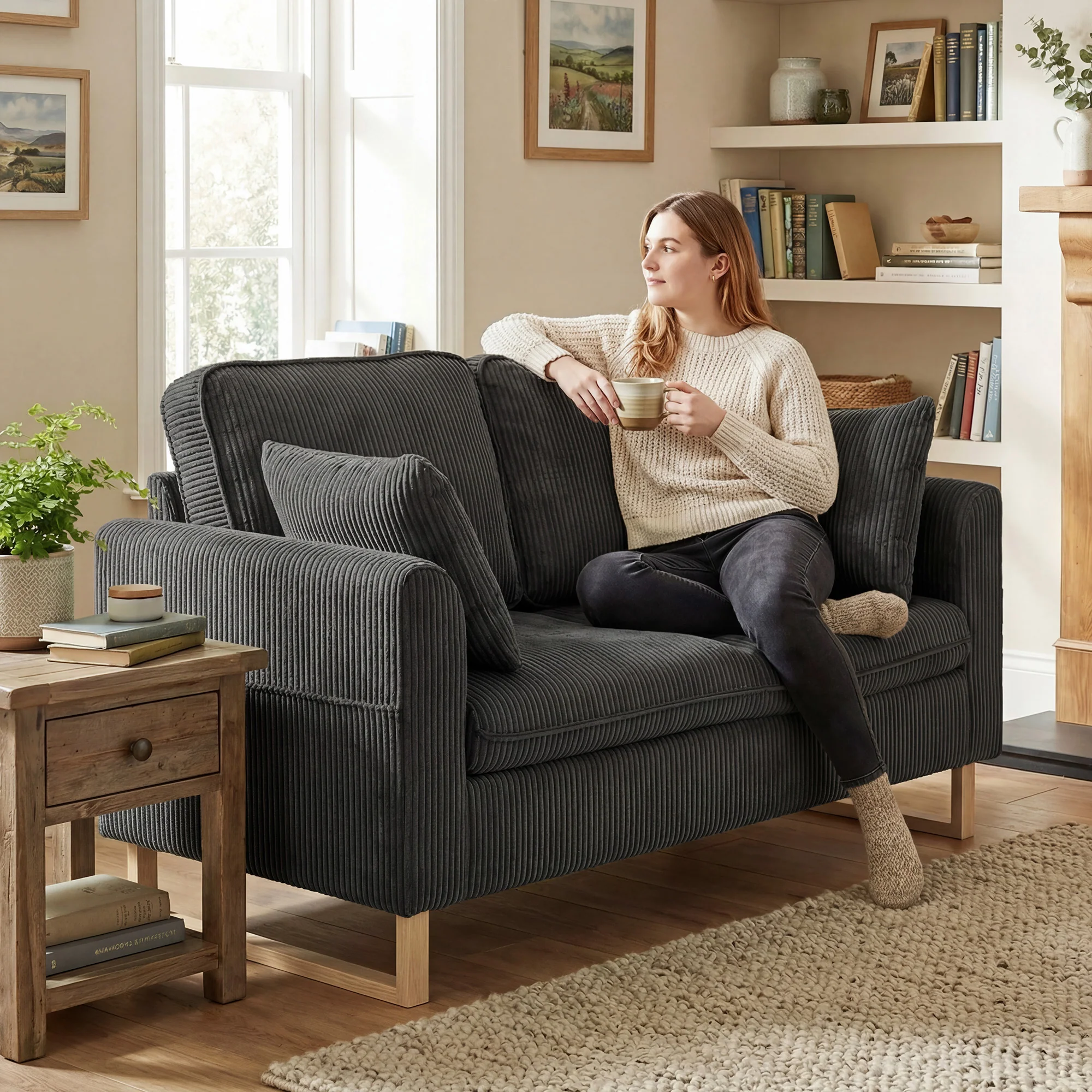 HOMCOM 2 Seater Sofa, Corduroy Sofa w/ Spring Cushions 2 Pillows, Dark Grey - Image 2