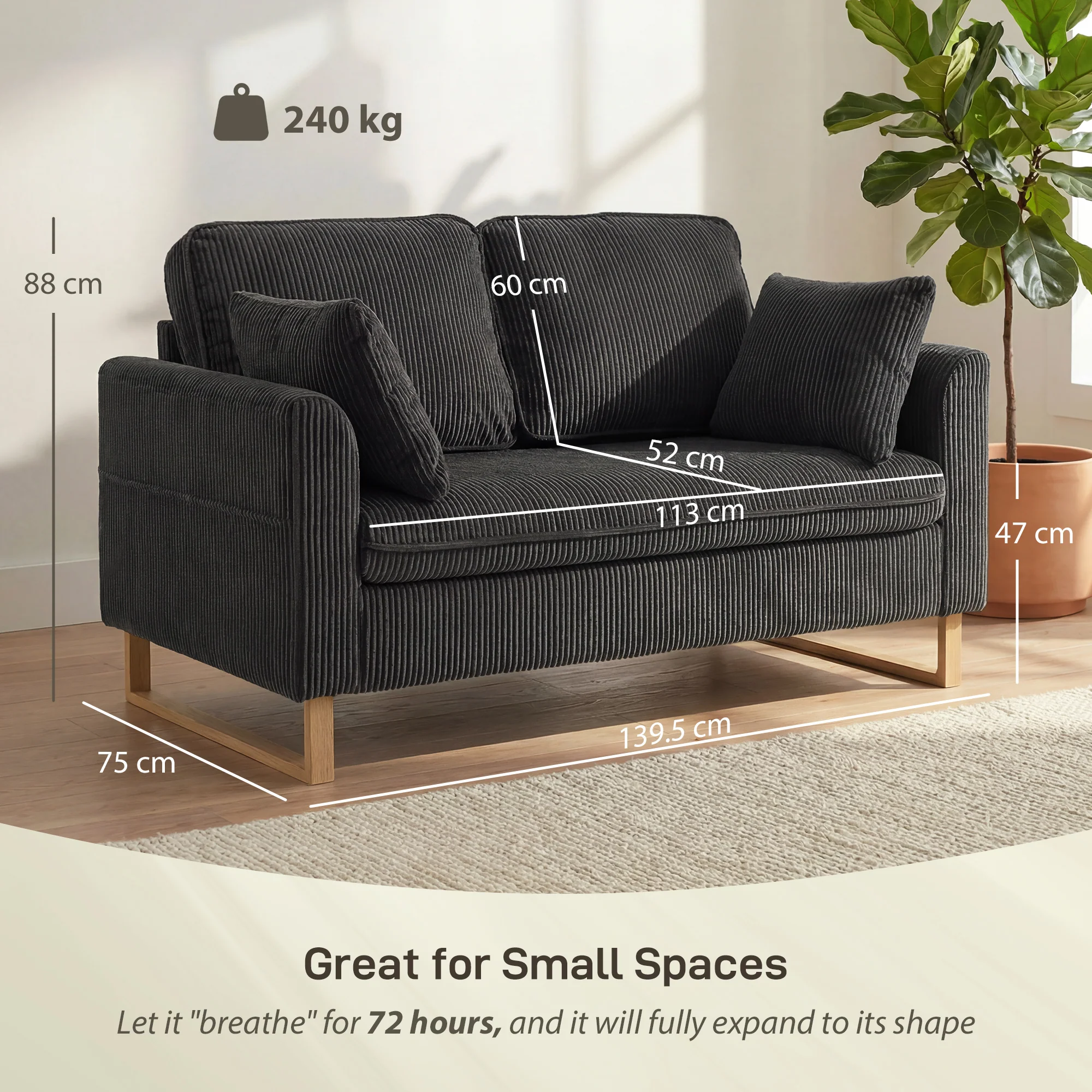 HOMCOM 2 Seater Sofa, Corduroy Sofa w/ Spring Cushions 2 Pillows, Dark Grey - Image 3