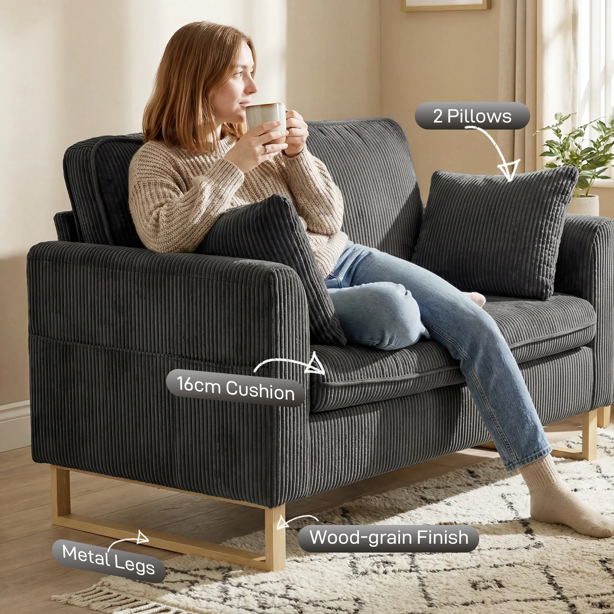 HOMCOM 2 Seater Sofa, Corduroy Sofa w/ Spring Cushions 2 Pillows, Dark Grey - Image 5