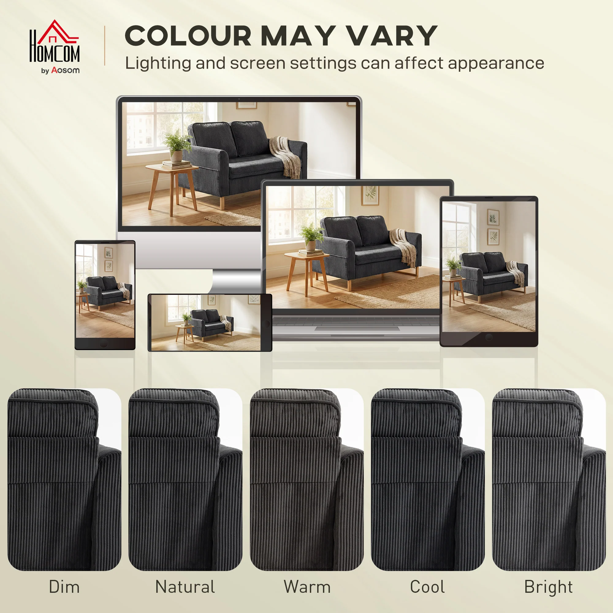 HOMCOM 2 Seater Sofa, Corduroy Sofa w/ Spring Cushions 2 Pillows, Dark Grey - Image 6