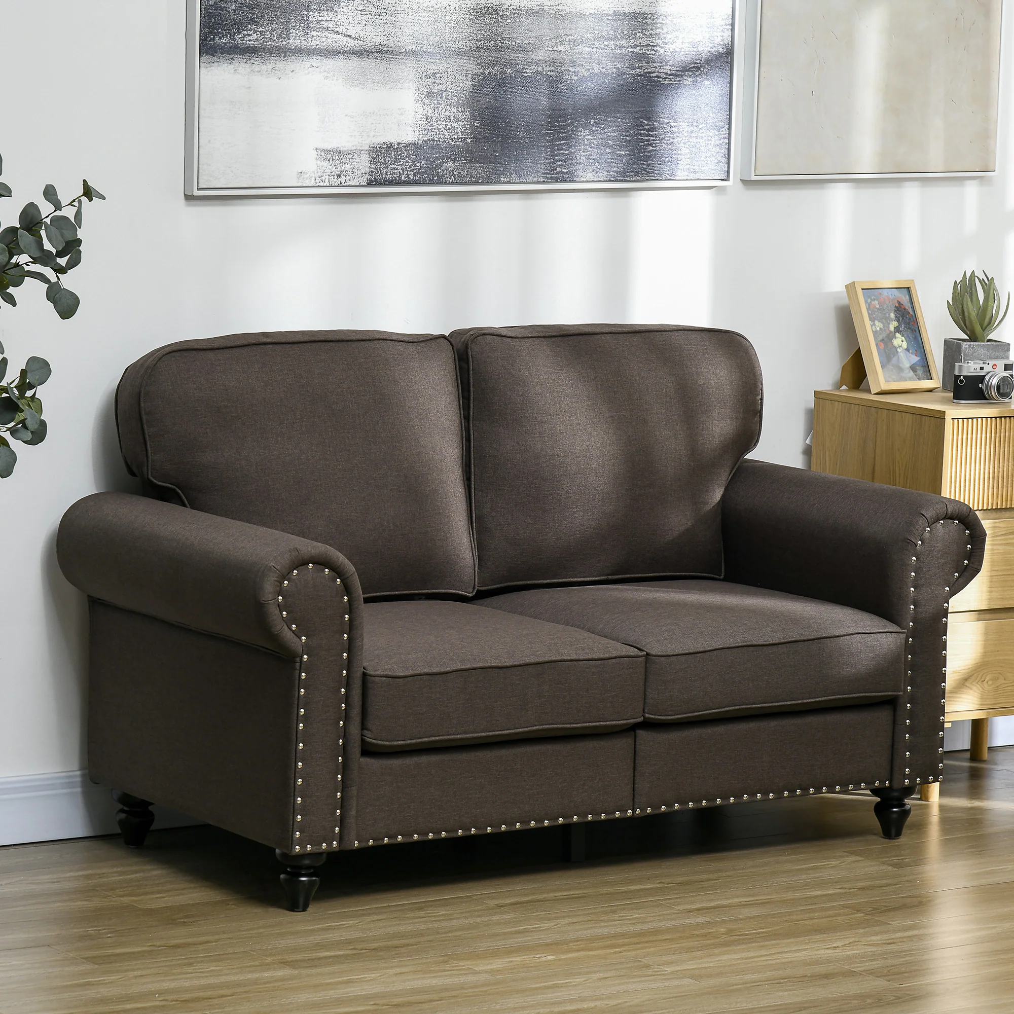 HOMCOM 2 Seater Sofa for Living Room, with Nailhead Trim, Dark Brown - Image 2
