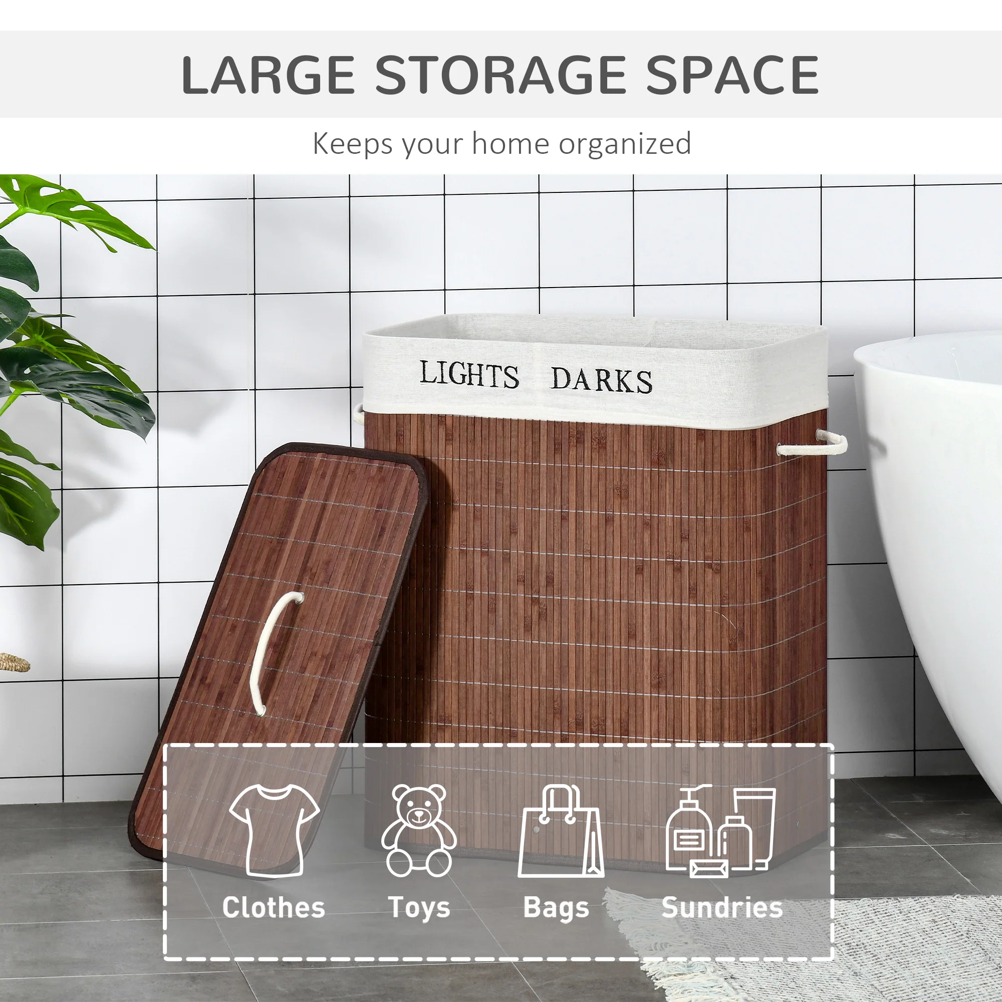 HOMCOM 2 Section Collapsible Laundry Hamper Lid Removable Lining, Brown - Image 3