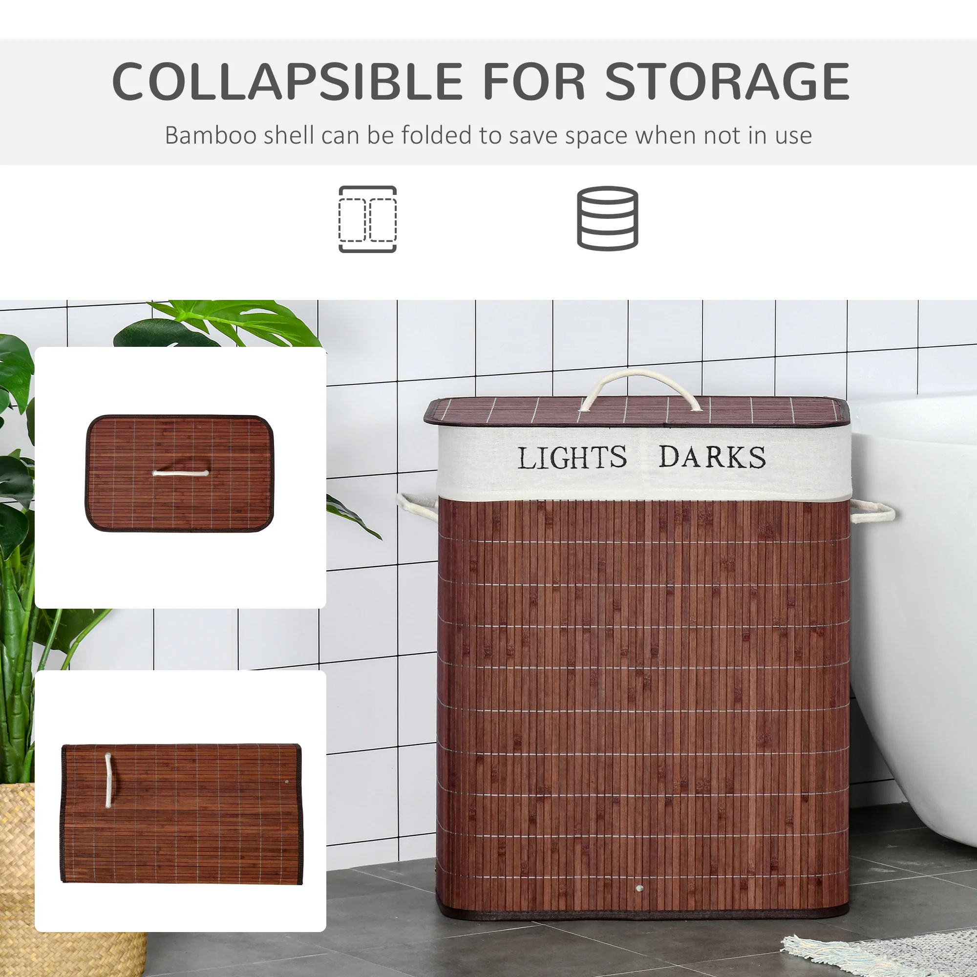 HOMCOM 2 Section Collapsible Laundry Hamper Lid Removable Lining, Brown - Image 4