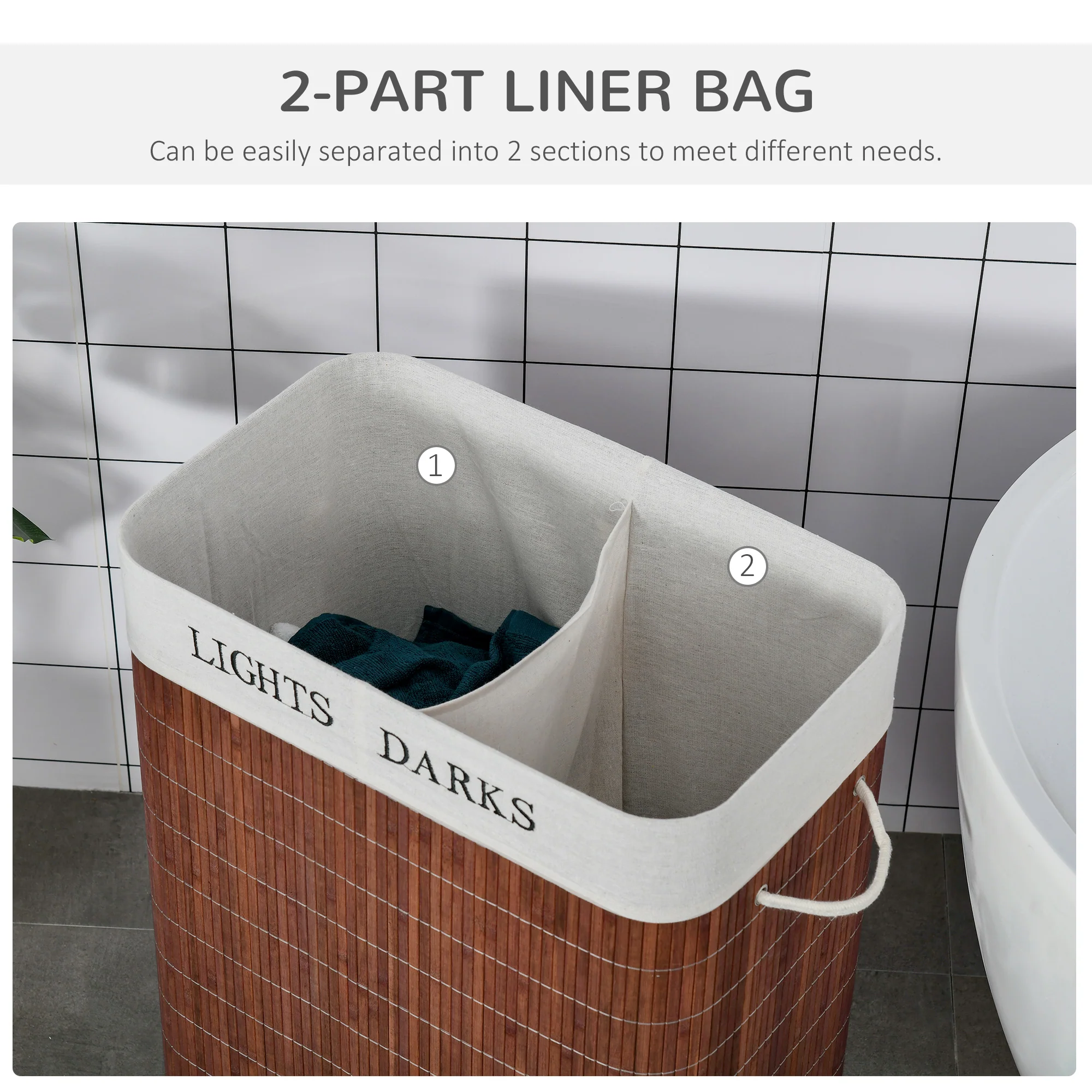 HOMCOM 2 Section Collapsible Laundry Hamper Lid Removable Lining, Brown - Image 6