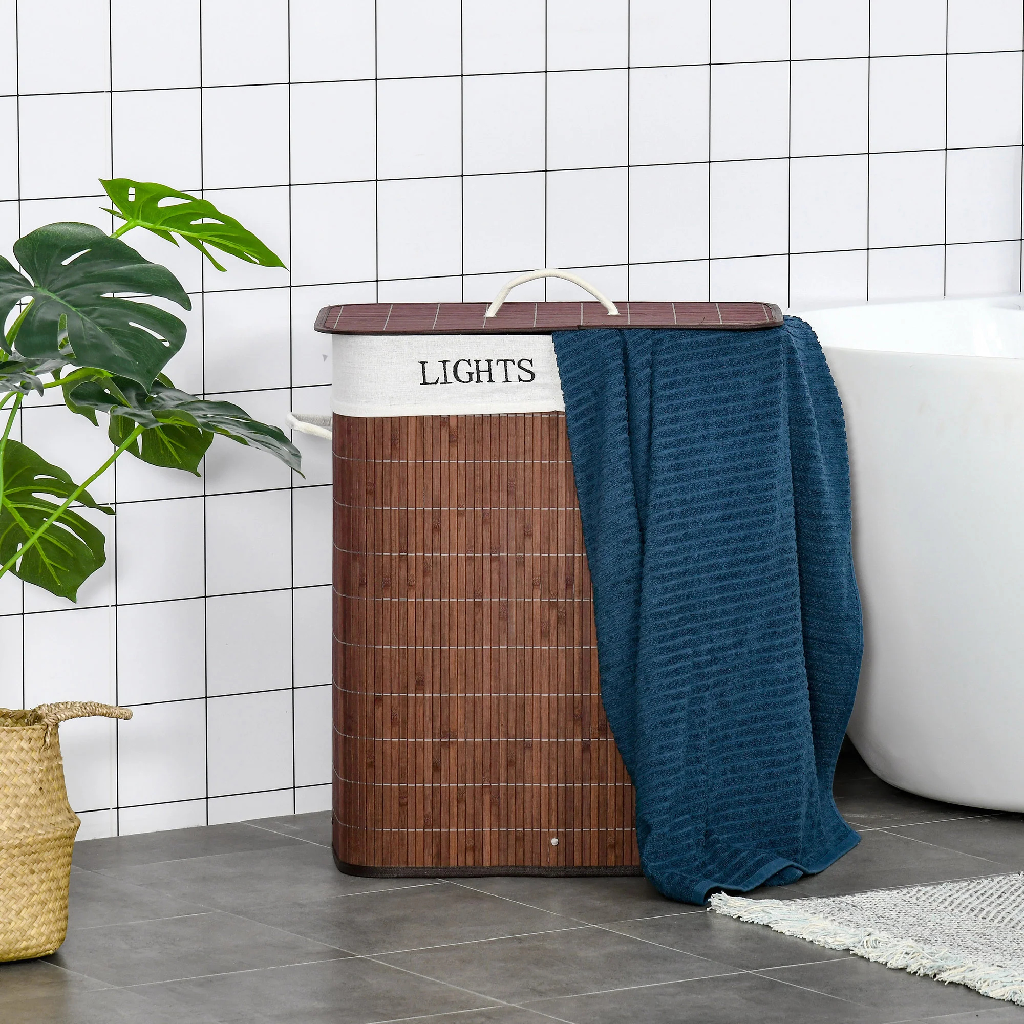 HOMCOM 2 Section Collapsible Laundry Hamper Lid Removable Lining, Brown - Image 8