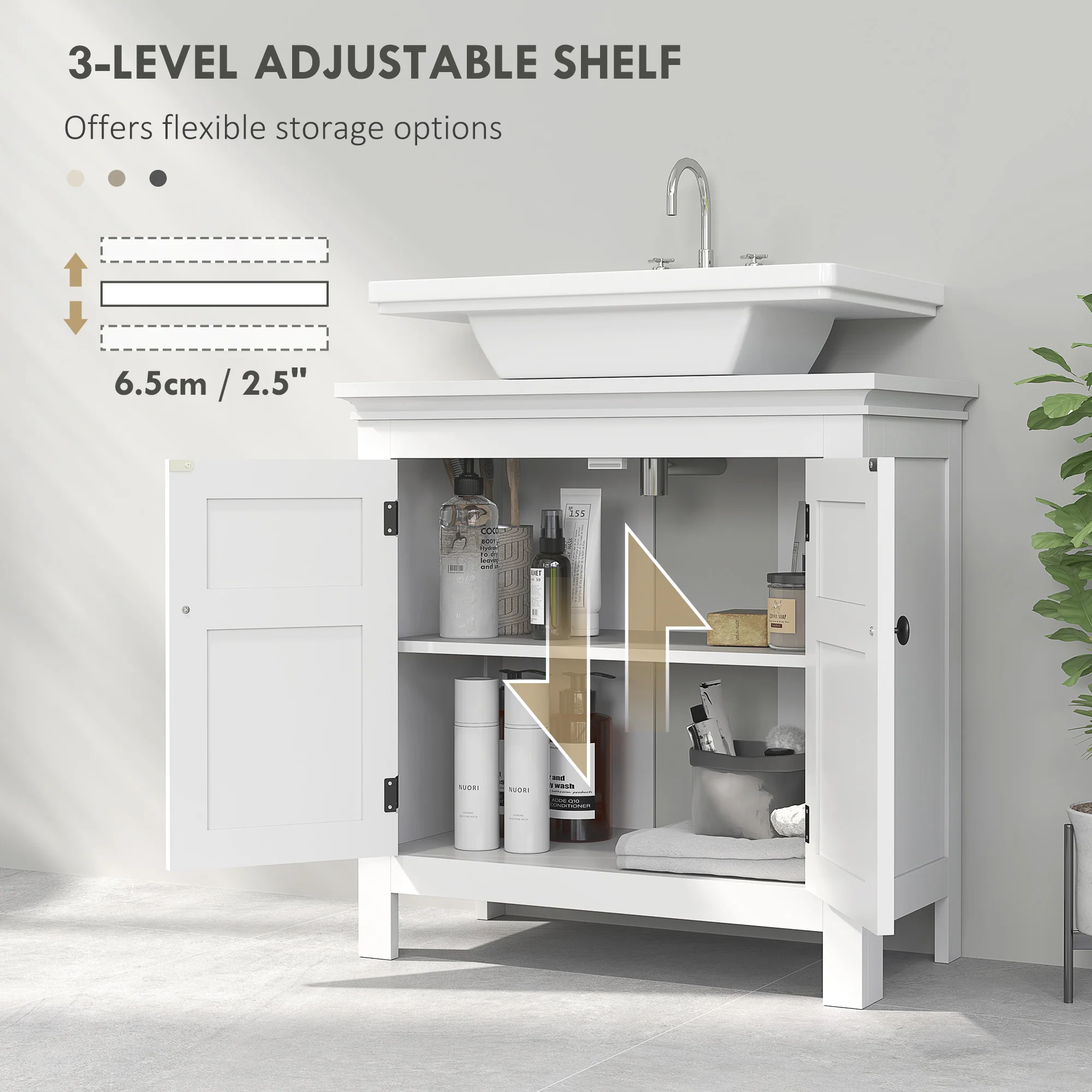 HOMCOM 2-Tier Bathroom Sink Cabinet, Freestanding Storage Cabinet, White - Image 4