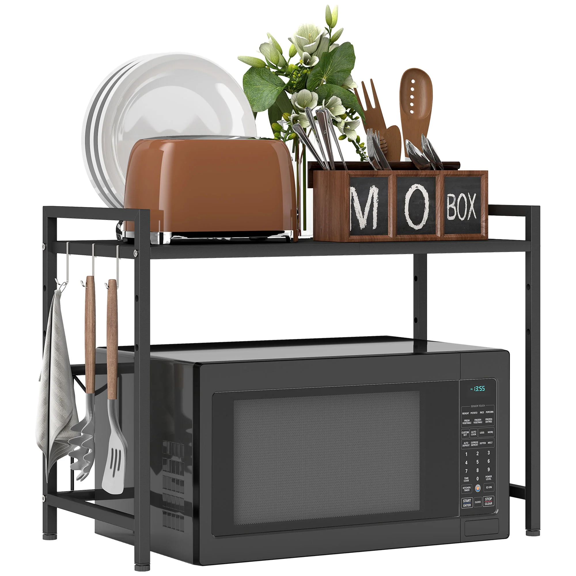 HOMCOM 2-Tier Expandable Microwave Oven Rack with 3 Hooks, Black