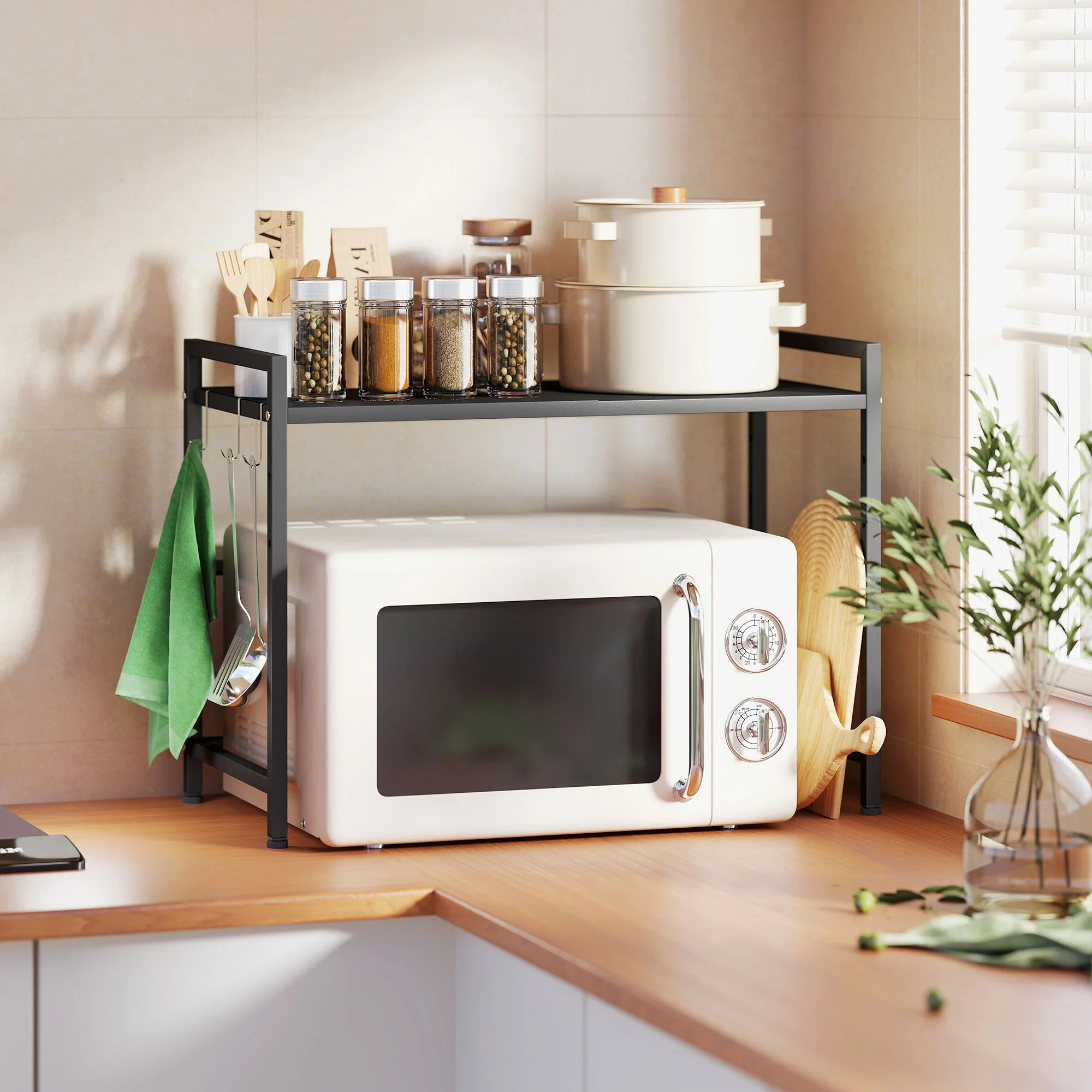 HOMCOM 2-Tier Expandable Microwave Oven Rack with 3 Hooks, Black - Image 2