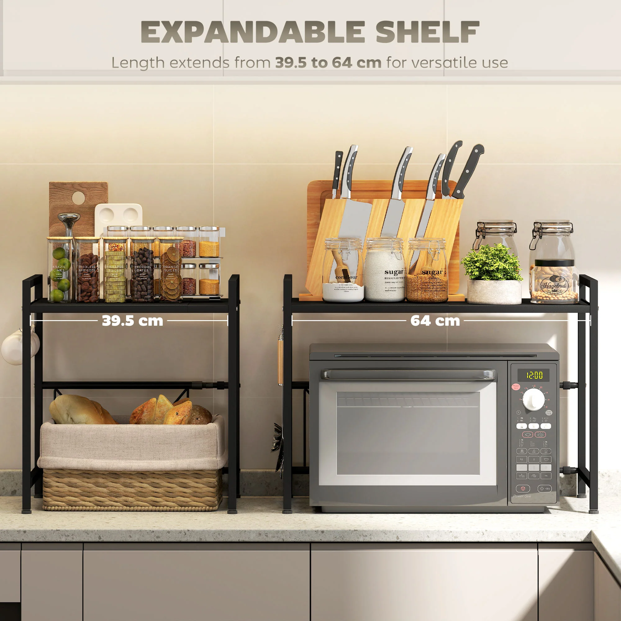 HOMCOM 2-Tier Expandable Microwave Oven Rack with 3 Hooks, Black - Image 4