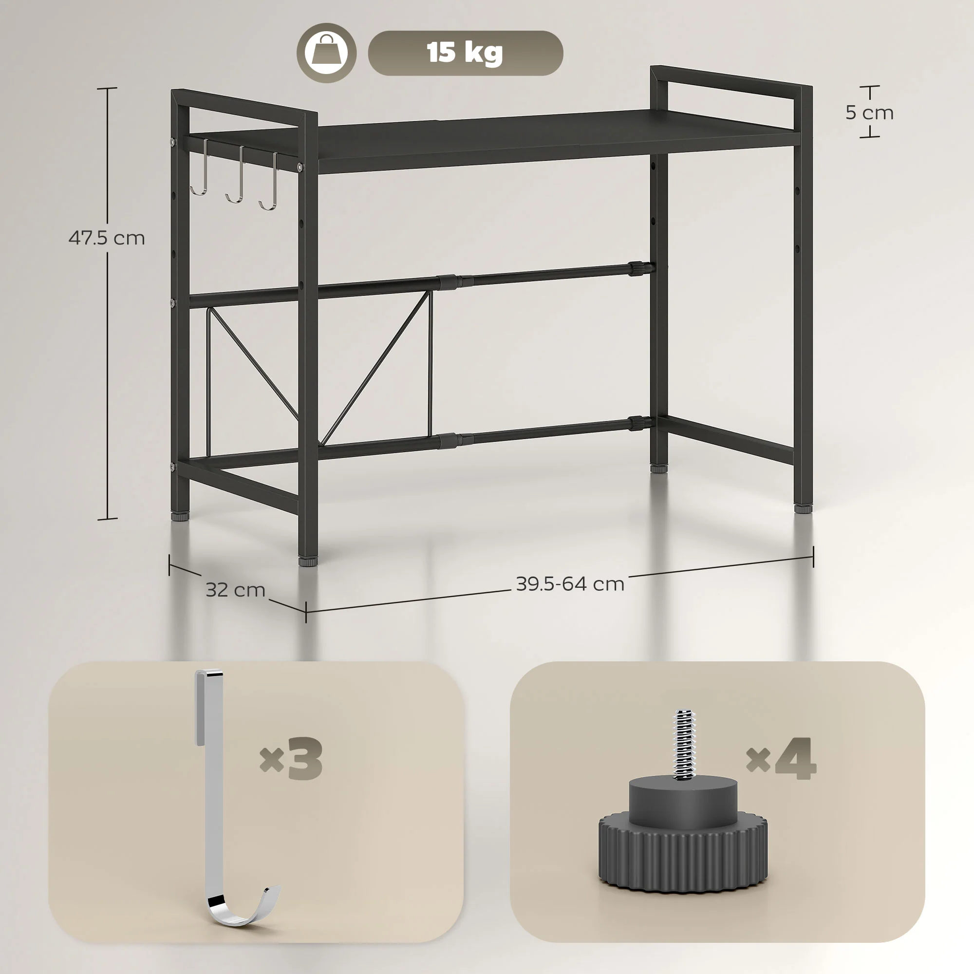 HOMCOM 2-Tier Expandable Microwave Oven Rack with 3 Hooks, Black - Image 5