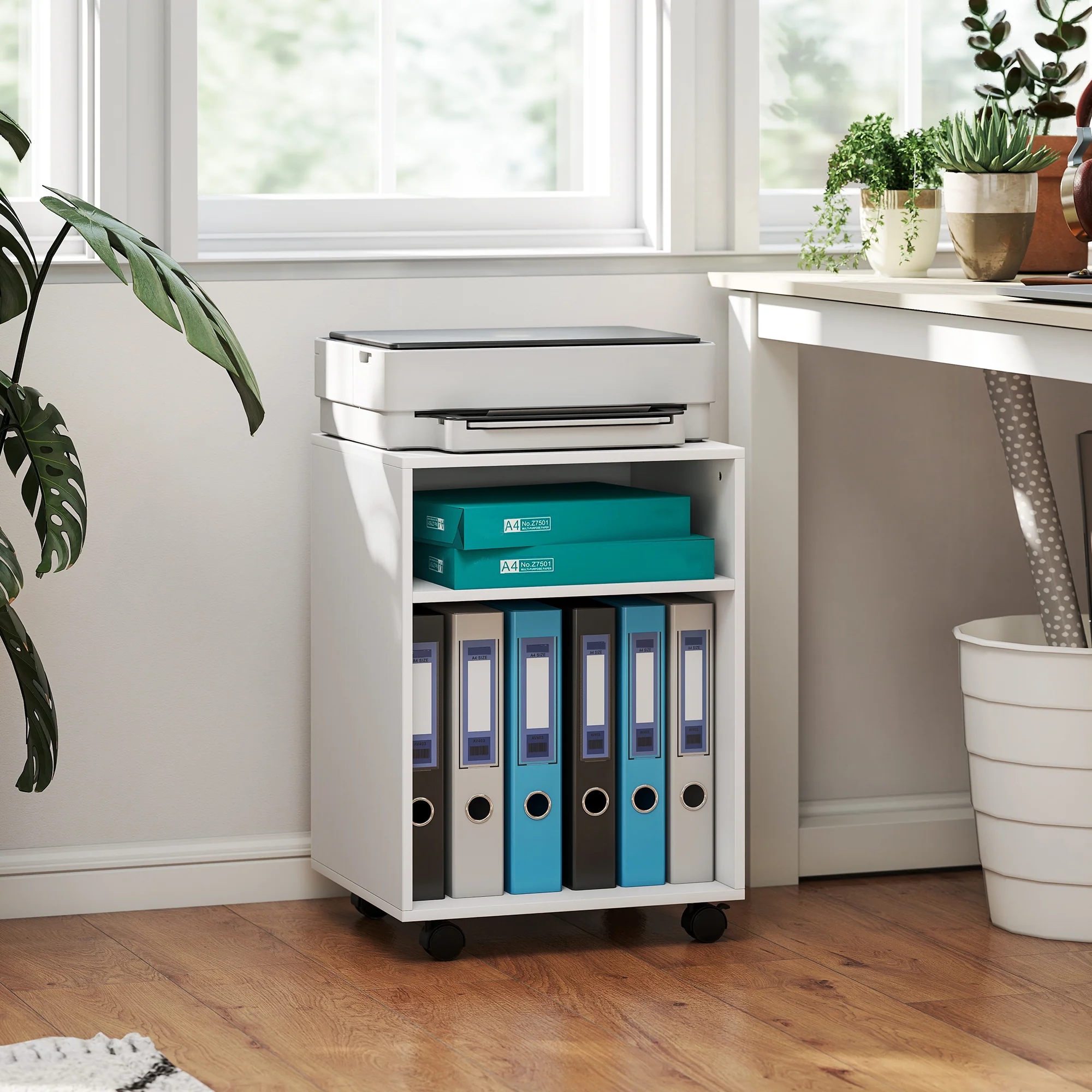 HOMCOM 2-Tier Printer Stand with Storage and Wheels, White - Image 2