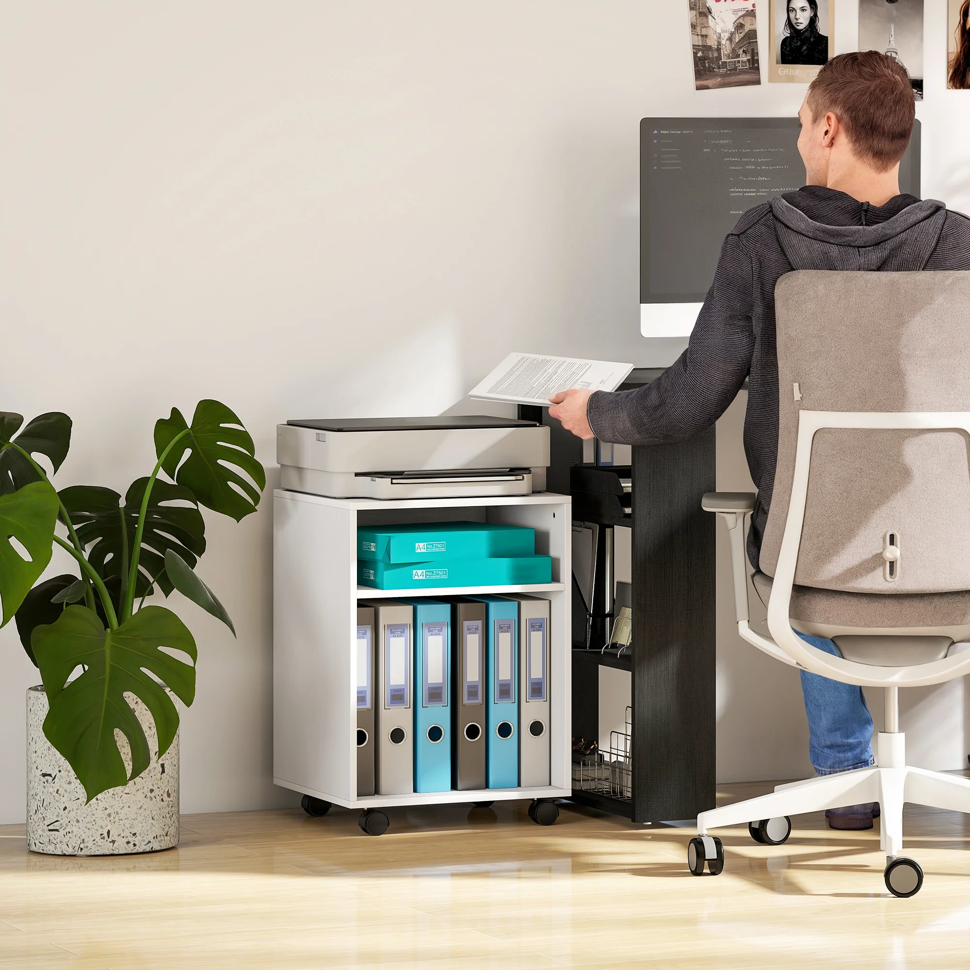 HOMCOM 2-Tier Printer Stand with Storage and Wheels, White - Image 7