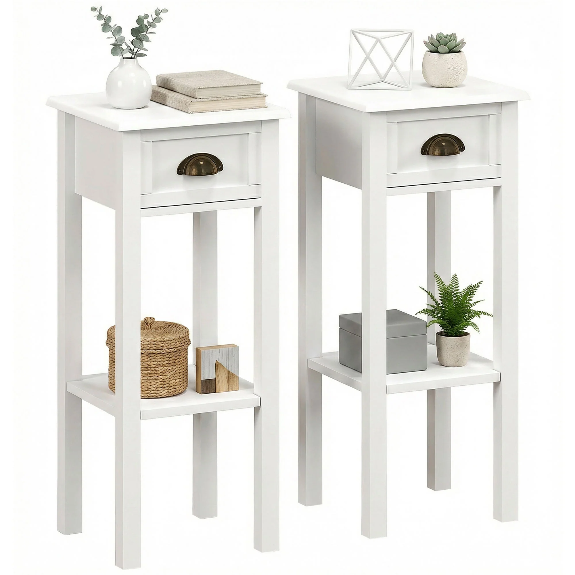 HOMCOM 2-Tier Side Tables Set of 2 with Drawer Shelf for Living Room, White