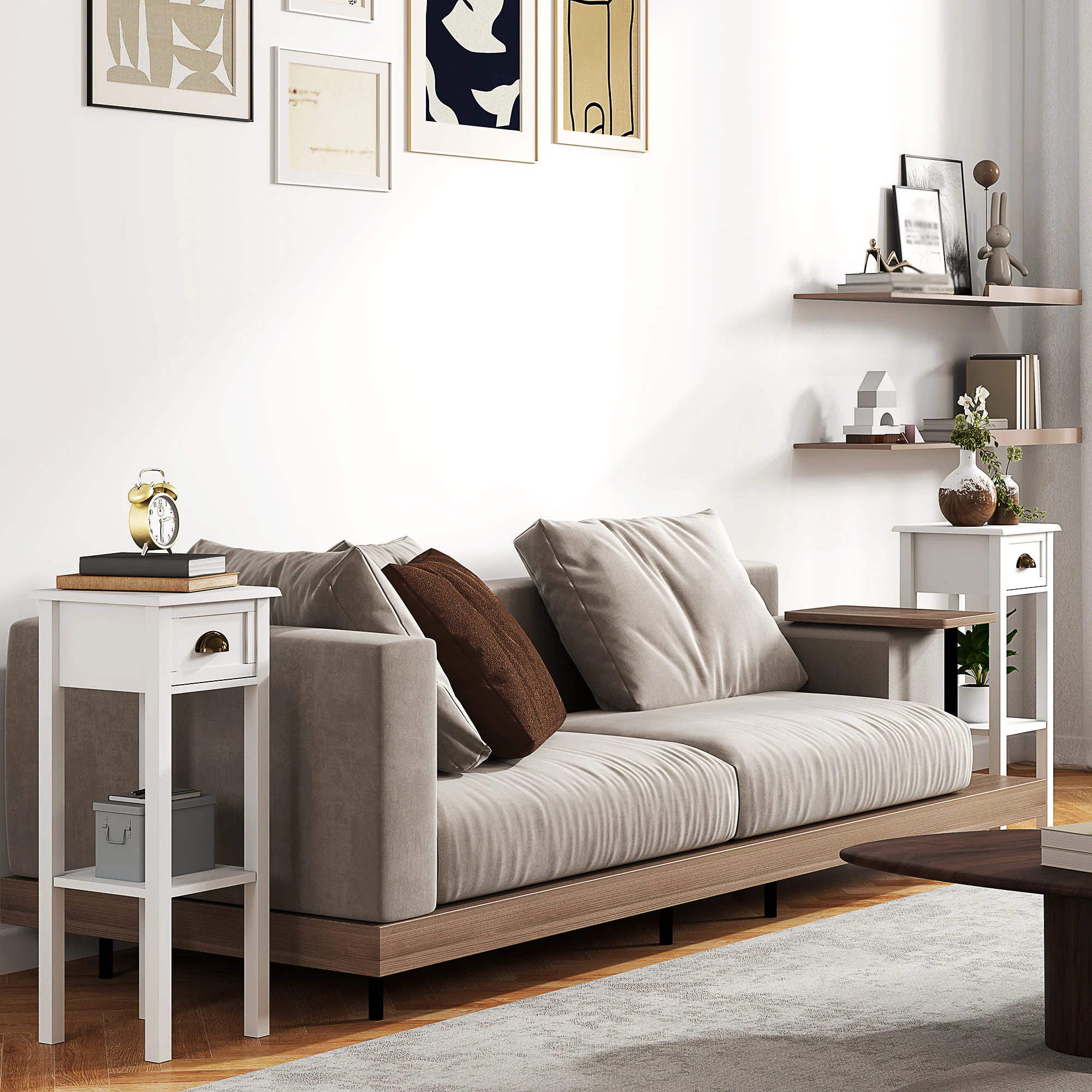 HOMCOM 2-Tier Side Tables Set of 2 with Drawer Shelf for Living Room, White - Image 8