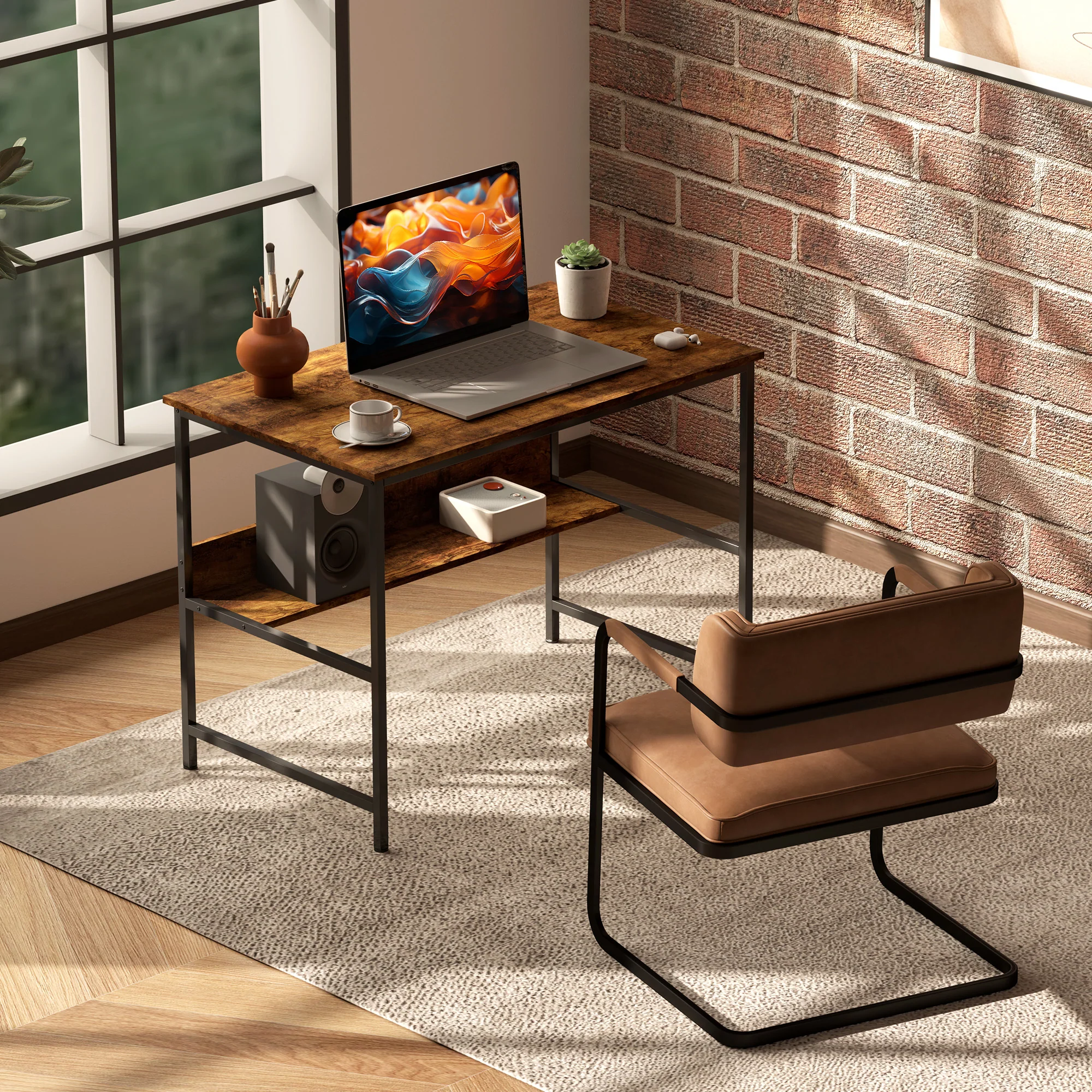 HOMCOM 2-Tier Writing Desk Metal Frame with Storage Shelf Rustic Brown - Image 2