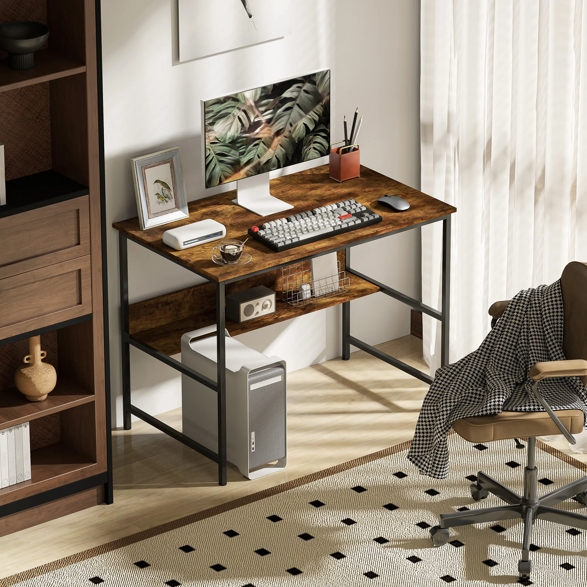 HOMCOM 2-Tier Writing Desk Metal Frame with Storage Shelf Rustic Brown - Image 7