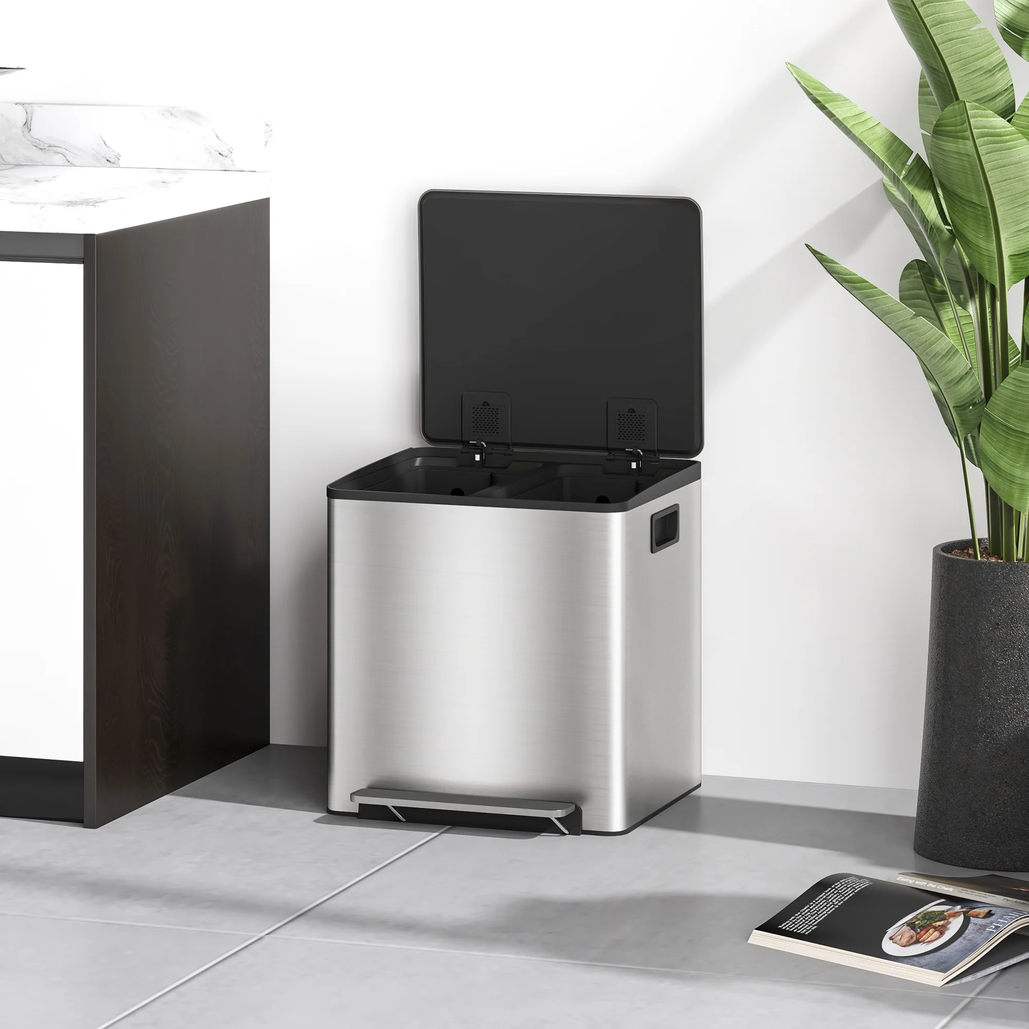 HOMCOM 2 x 15L Double Kitchen Bin, Pedal Bin Soft-Close Lid, Silver Tone - Image 8