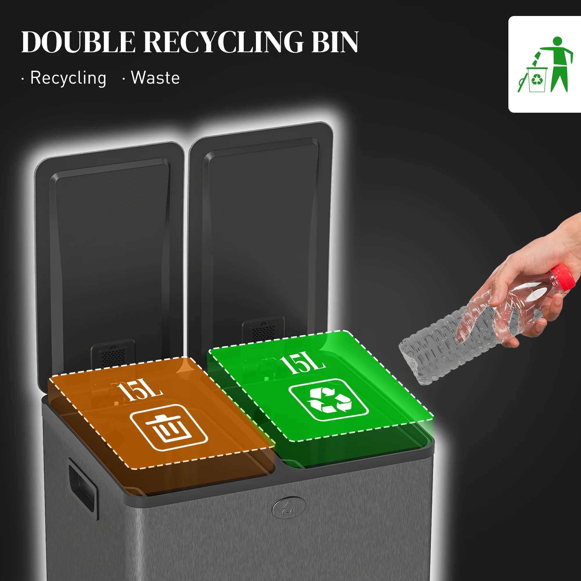 HOMCOM 2 X 15L Dual Kitchen Bin Pedal Bin For Recycling And Waste, Black - Image 3
