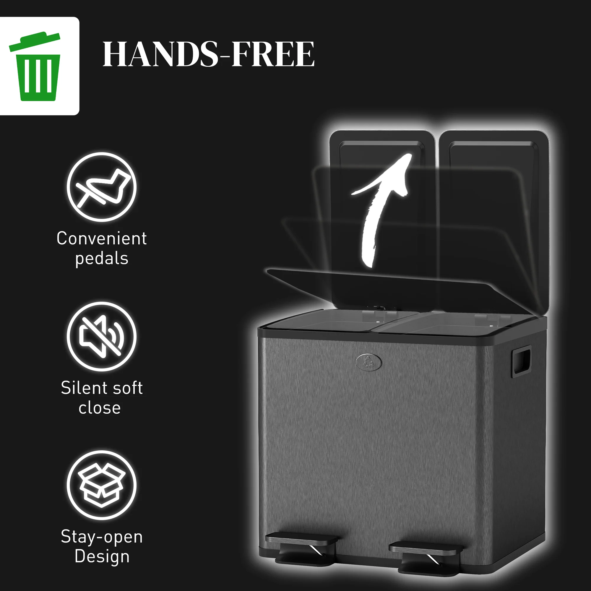 HOMCOM 2 X 15L Dual Kitchen Bin Pedal Bin For Recycling And Waste, Black - Image 6