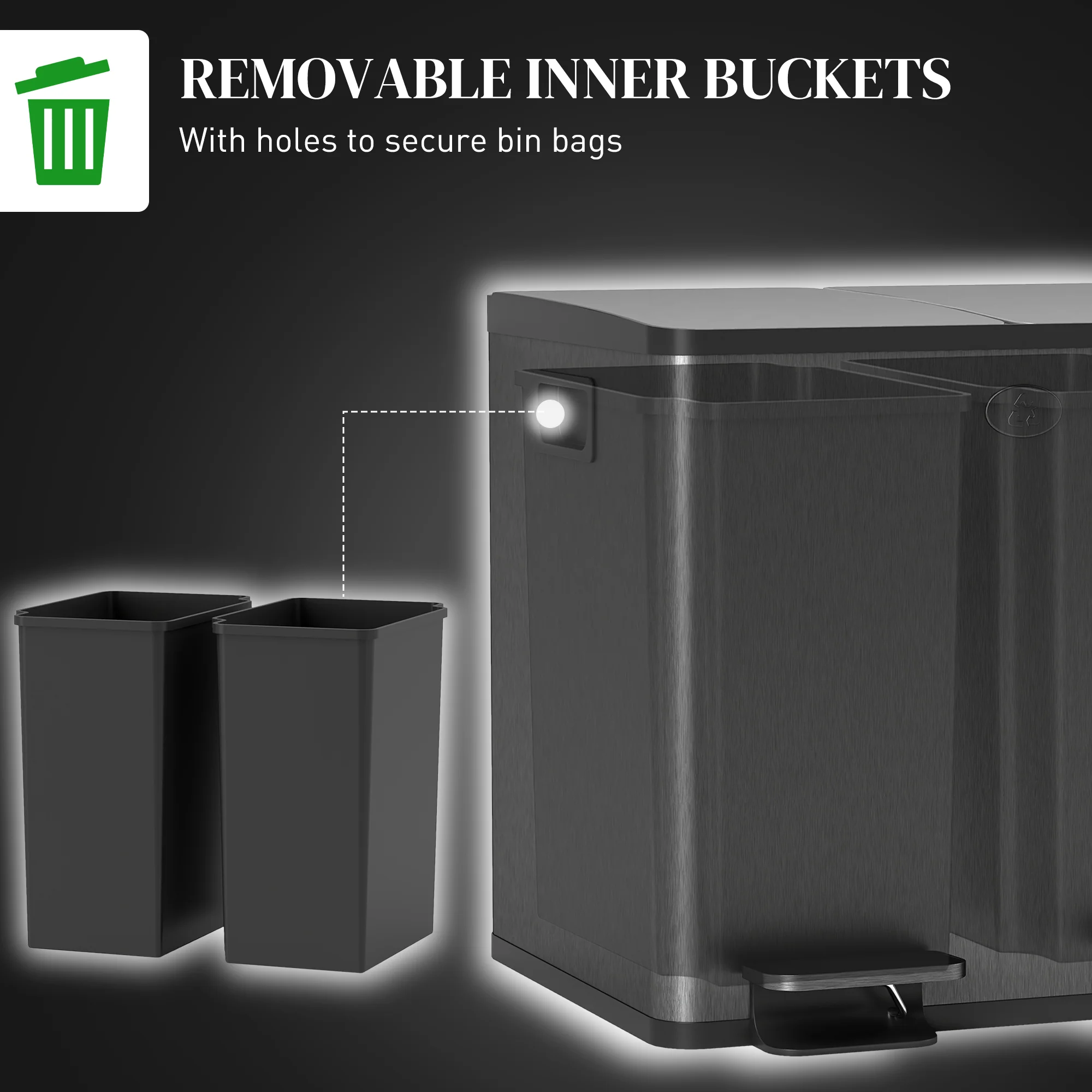 HOMCOM 2 X 15L Dual Kitchen Bin Pedal Bin For Recycling And Waste, Black - Image 7