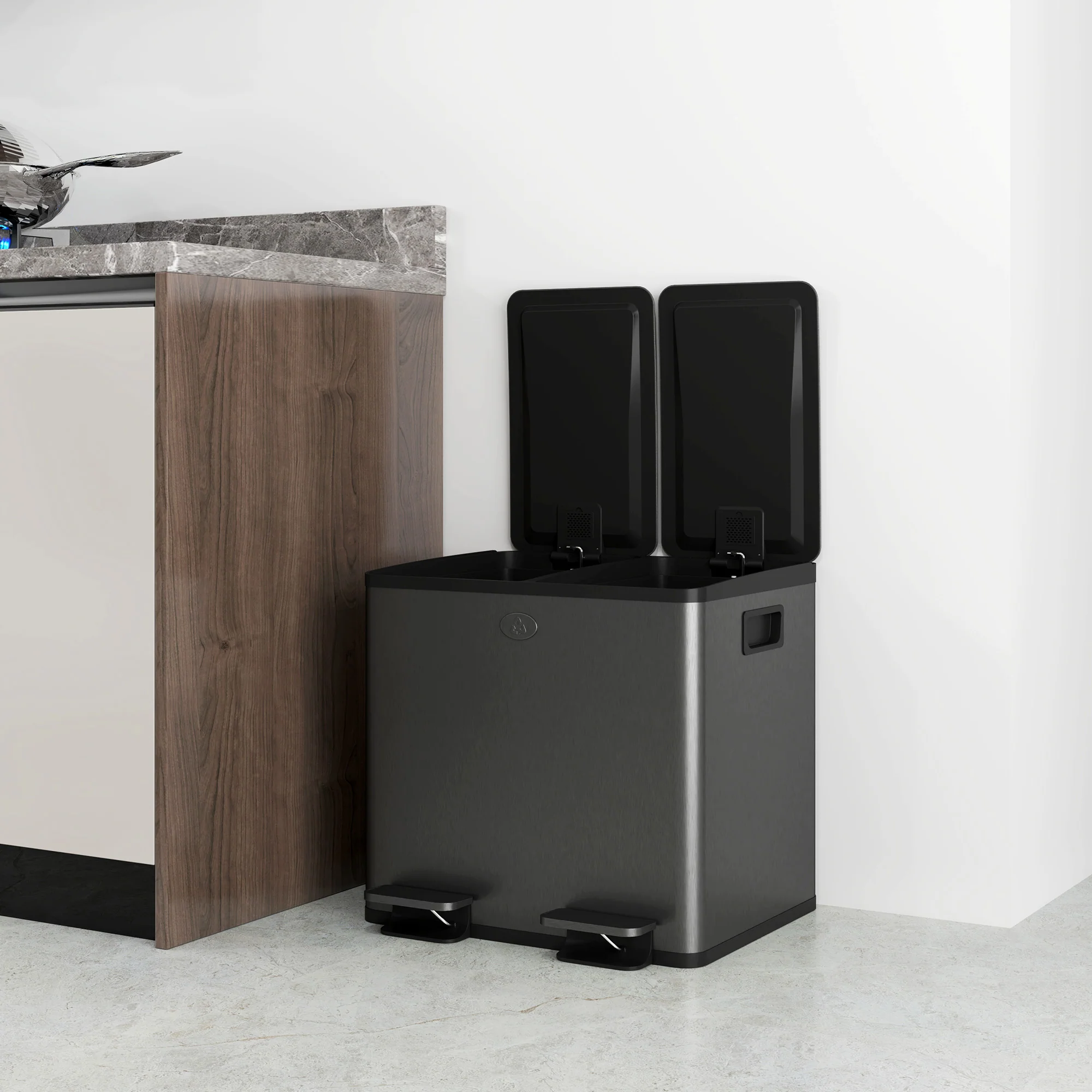 HOMCOM 2 X 15L Dual Kitchen Bin Pedal Bin For Recycling And Waste, Black - Image 9