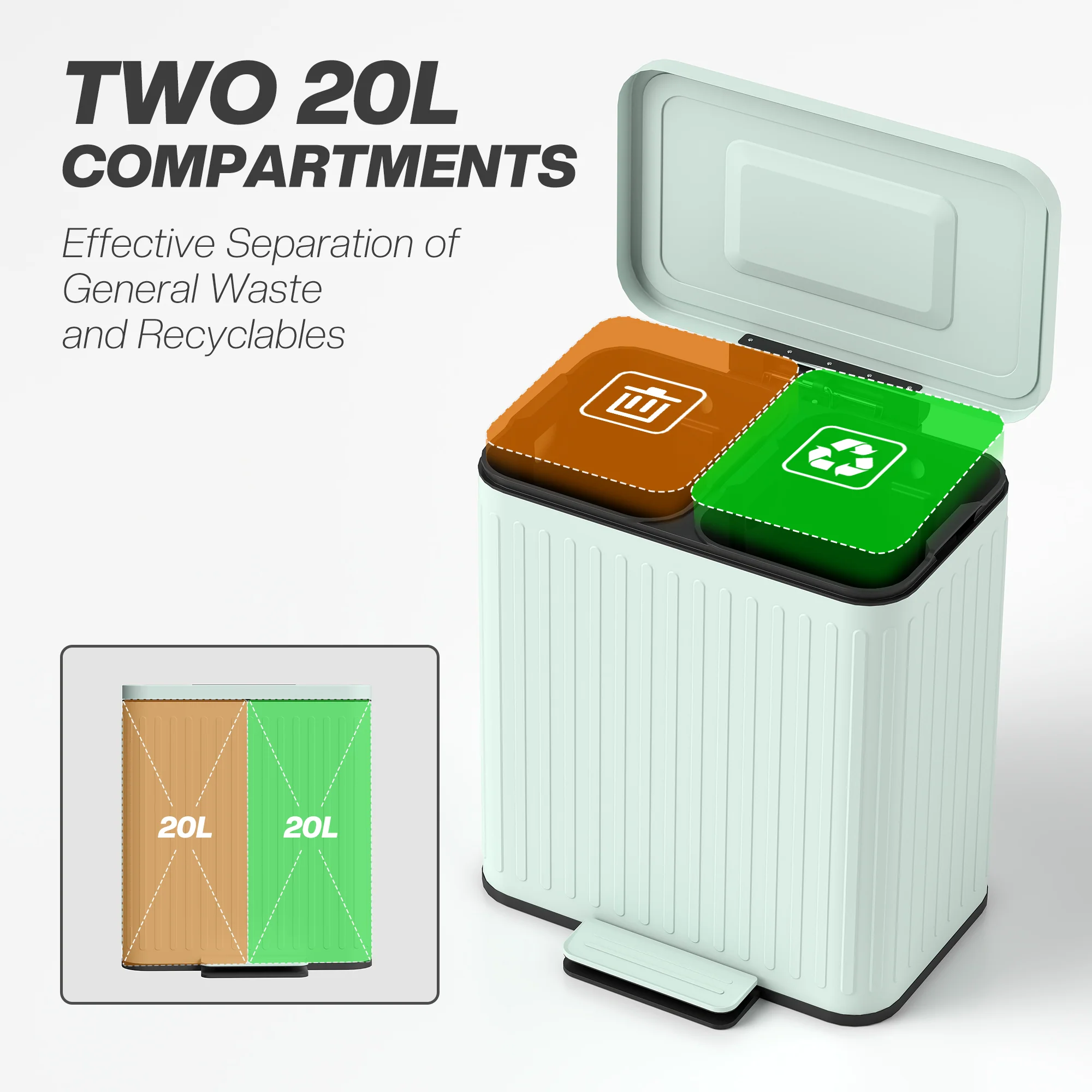HOMCOM 2 X 20L Double Rubbish Bin, Pedal Bin With Soft-Close Lid - Image 12