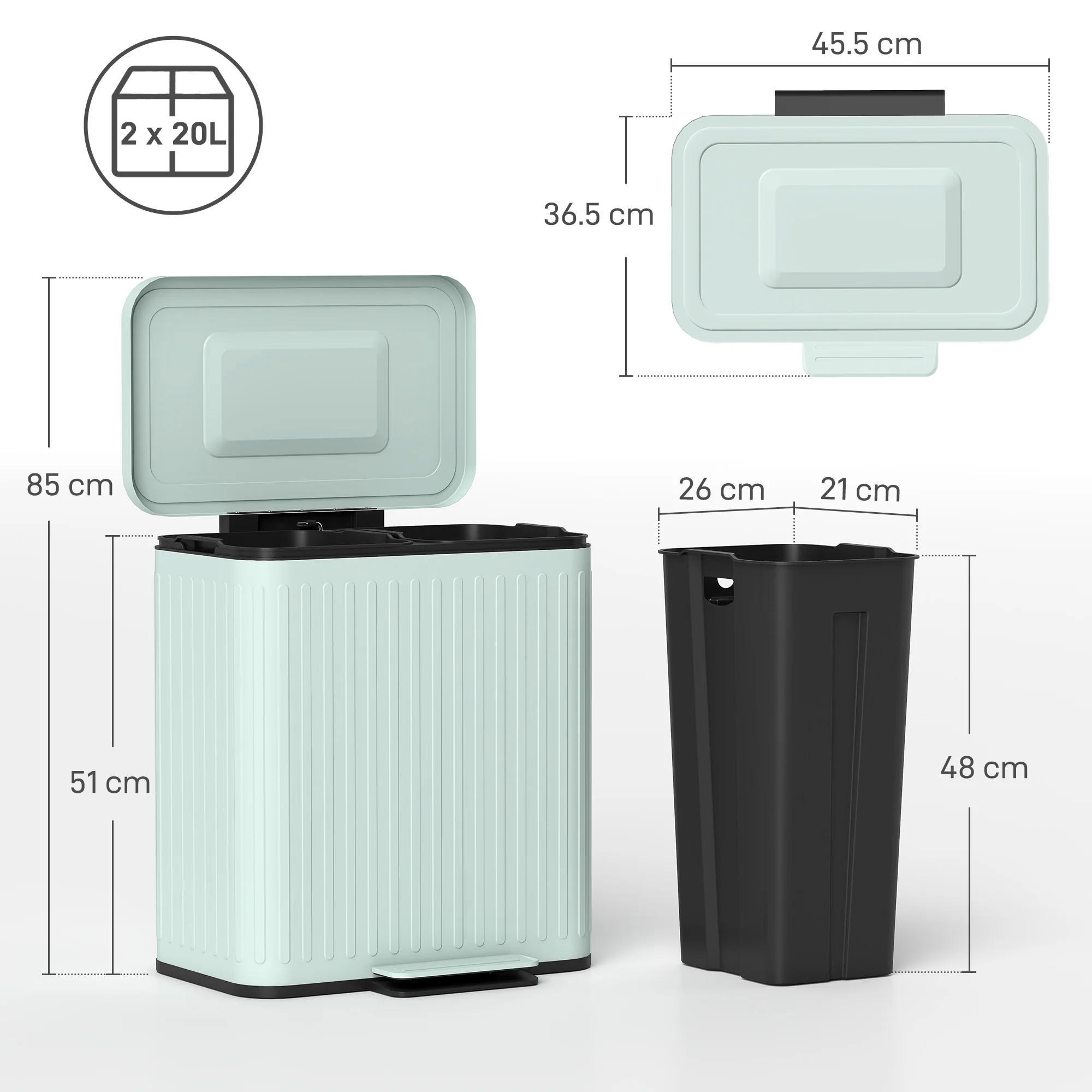 HOMCOM 2 X 20L Double Rubbish Bin, Pedal Bin With Soft-Close Lid - Image 14