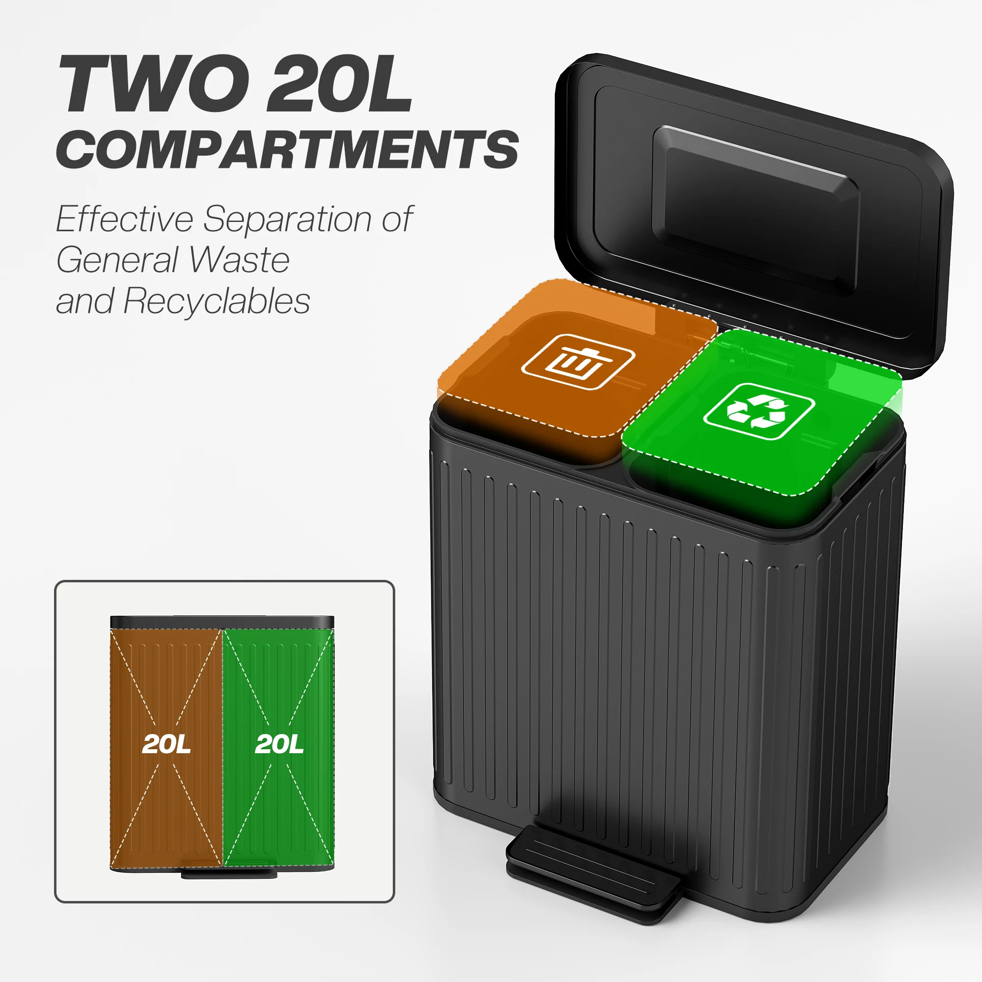 HOMCOM 2 X 20L Double Rubbish Bin, Pedal Bin With Soft-Close Lid - Image 3