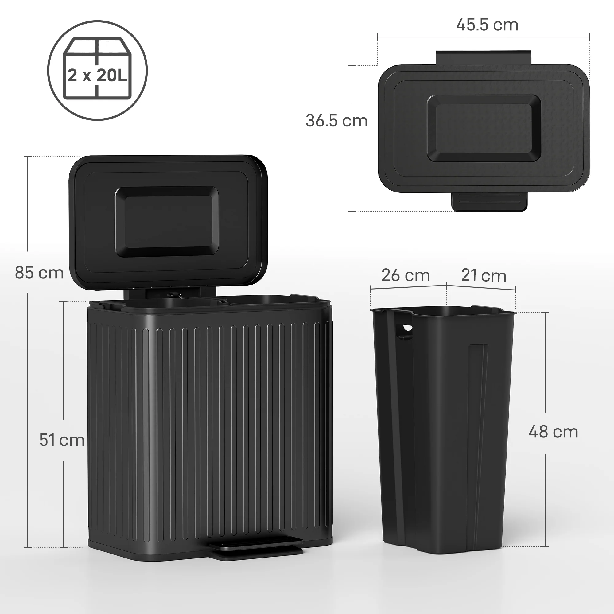 HOMCOM 2 X 20L Double Rubbish Bin, Pedal Bin With Soft-Close Lid - Image 5