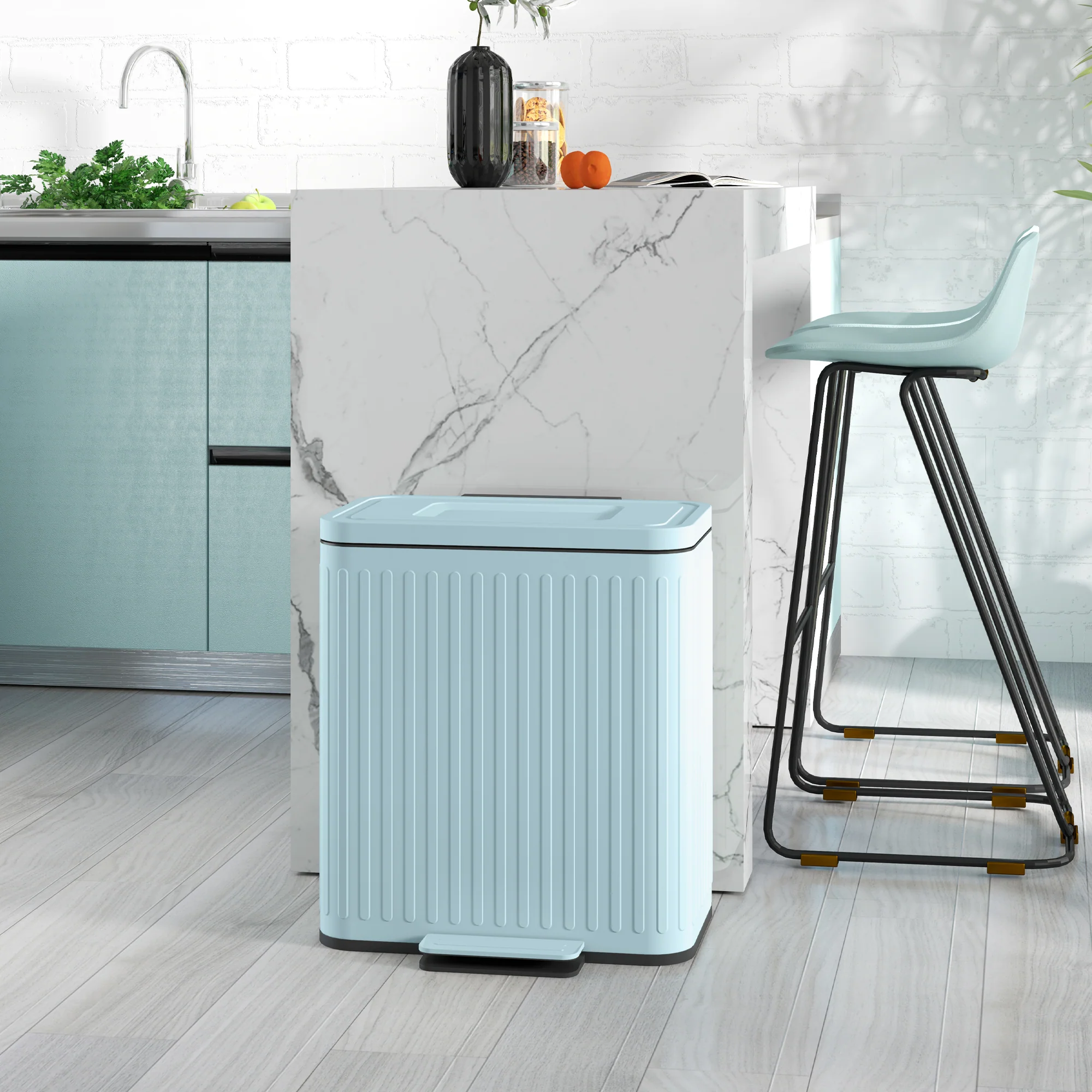 HOMCOM 2 x 20L Double Rubbish Bin, Pedal Bin with Soft-Close Lid, Light Green - Image 2