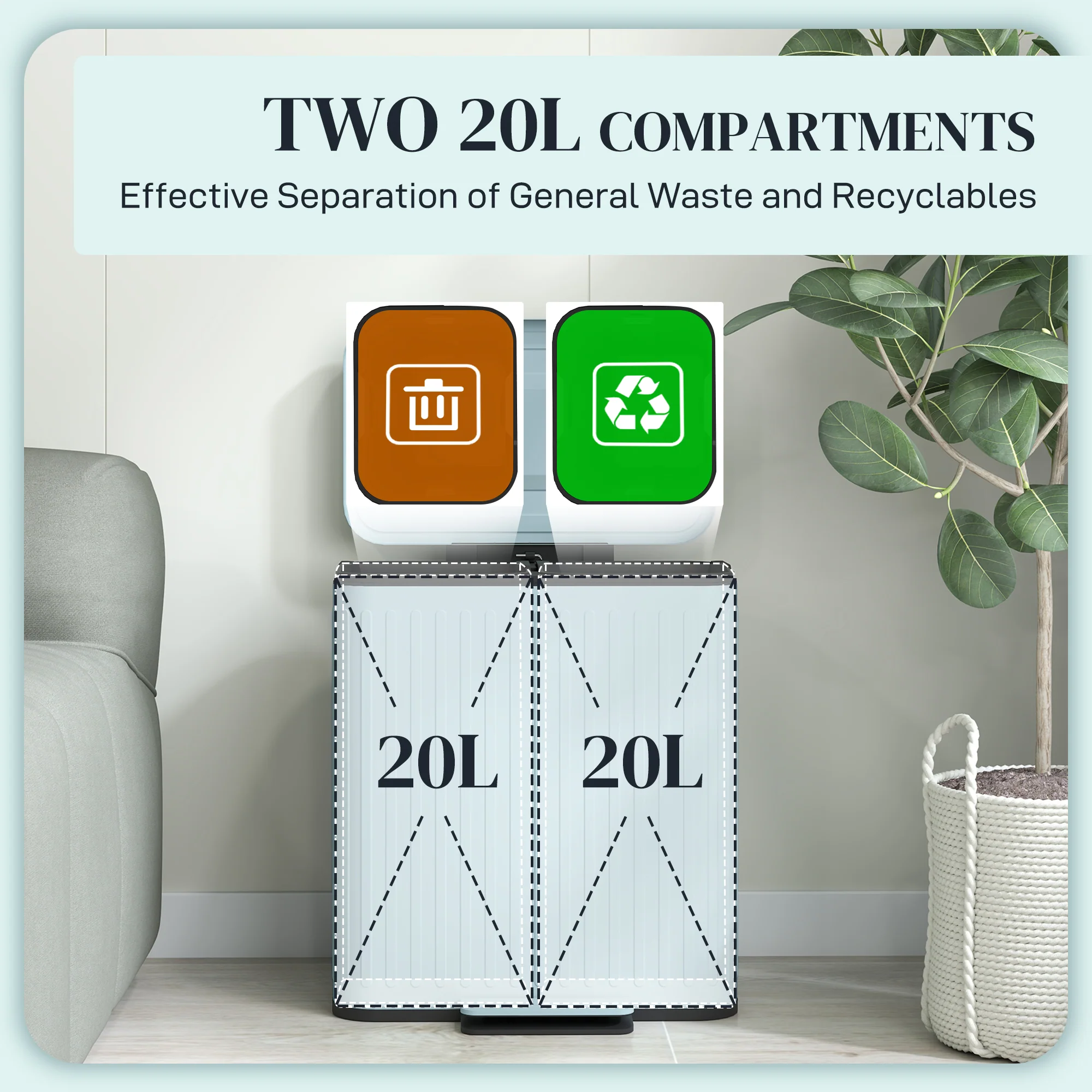 HOMCOM 2 x 20L Double Rubbish Bin, Pedal Bin with Soft-Close Lid, Light Green - Image 3