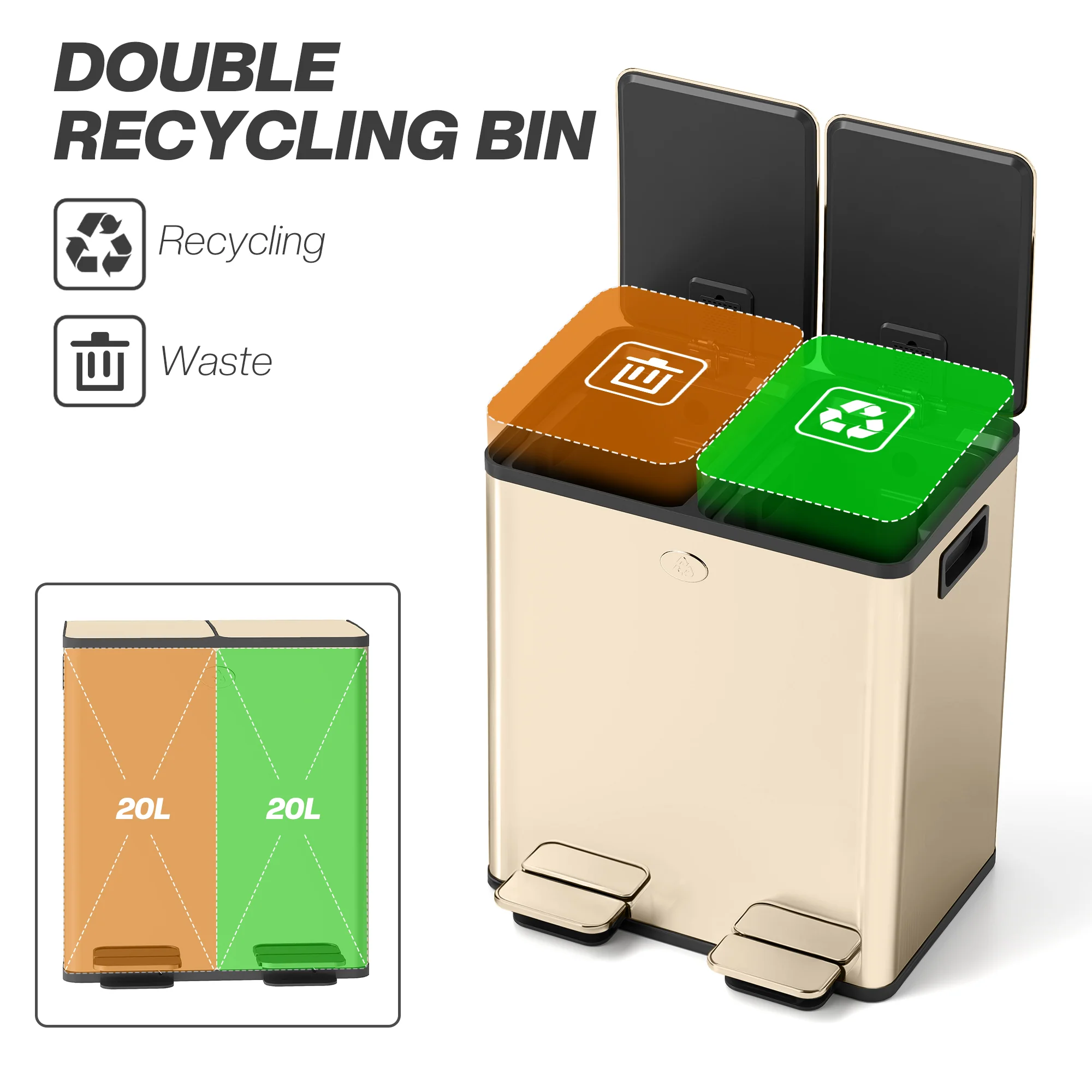 HOMCOM 2 X 20L Dual Kitchen Bin Pedal Bin For Recycling And Waste - Image 12