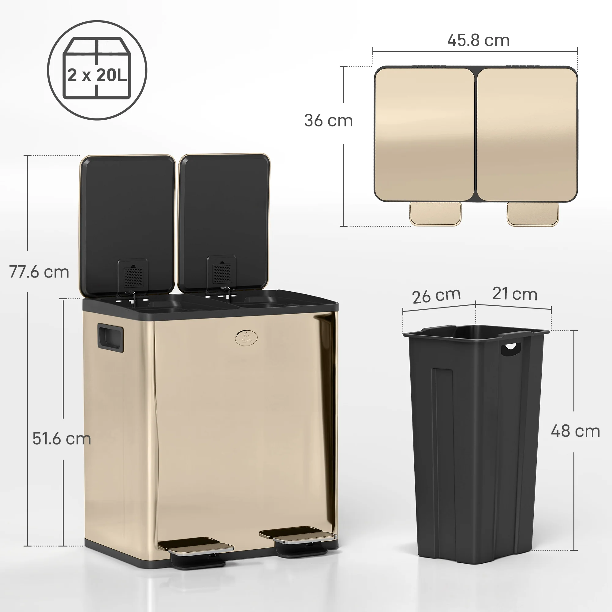 HOMCOM 2 X 20L Dual Kitchen Bin Pedal Bin For Recycling And Waste - Image 14