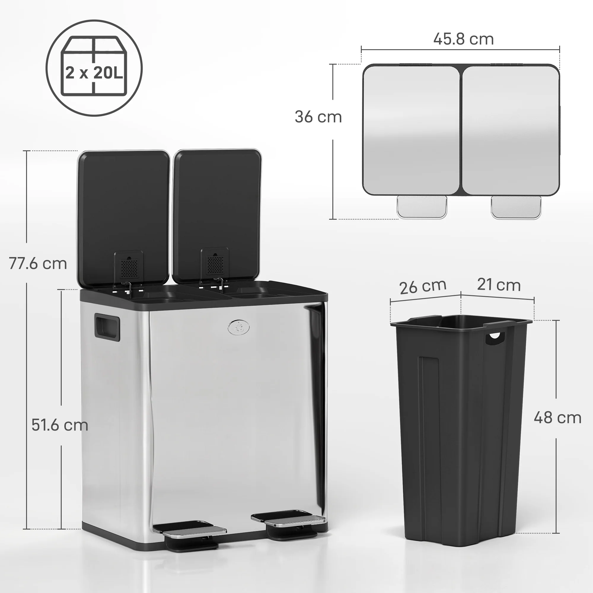 HOMCOM 2 X 20L Dual Kitchen Bin Pedal Bin For Recycling And Waste - Image 23
