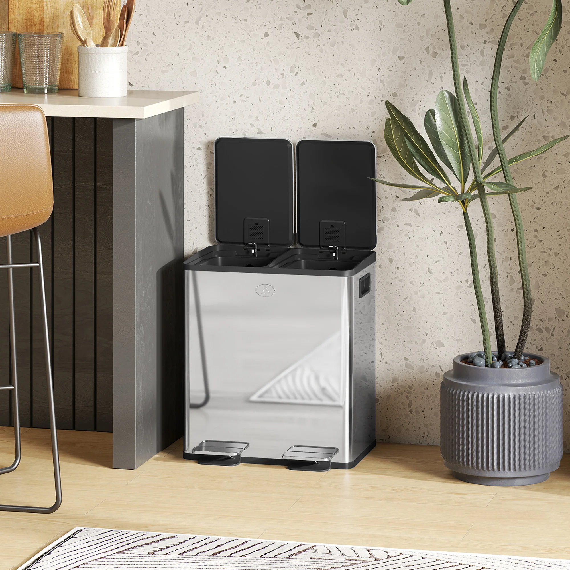 HOMCOM 2 X 20L Dual Kitchen Bin Pedal Bin For Recycling And Waste - Image 27