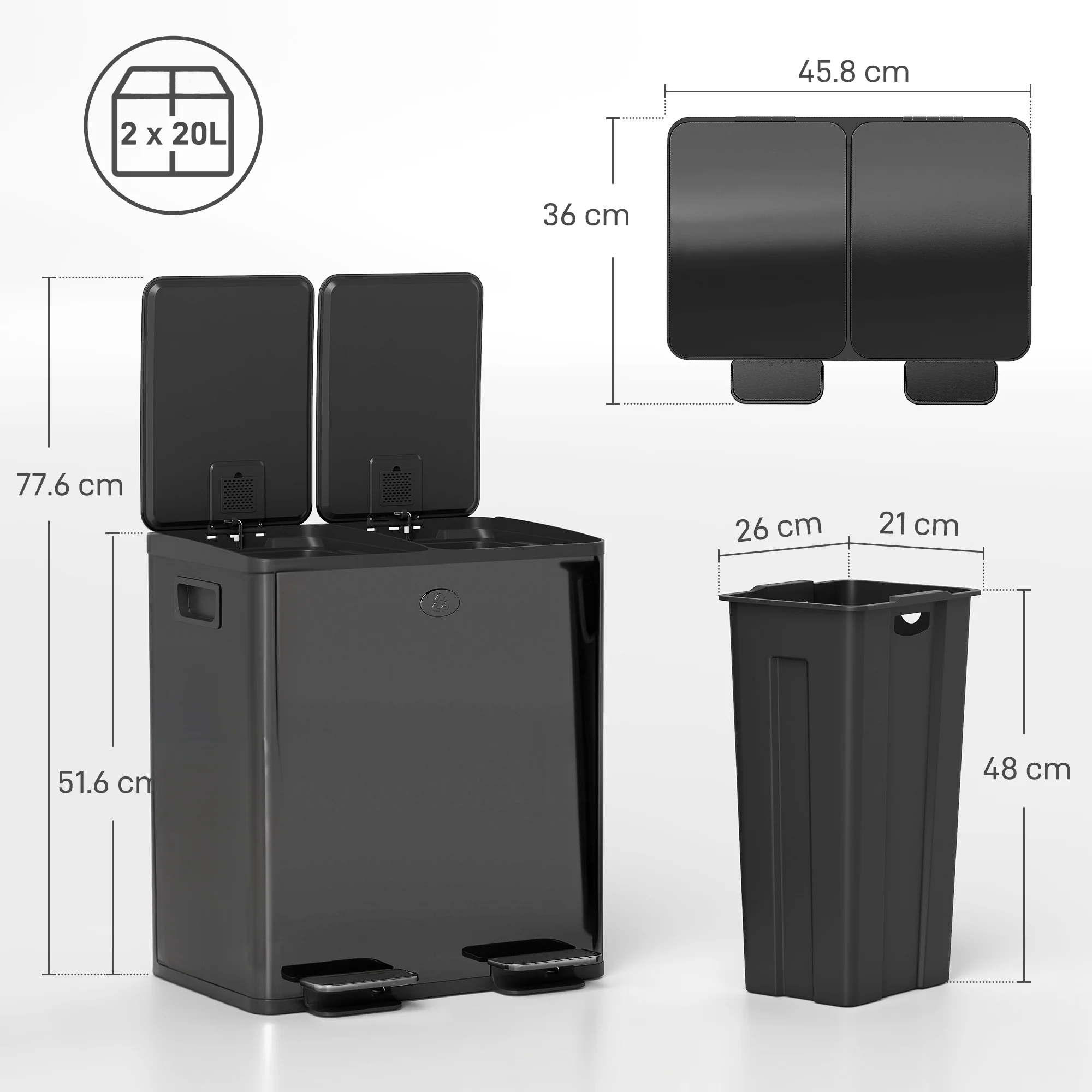 HOMCOM 2 X 20L Dual Kitchen Bin Pedal Bin For Recycling And Waste - Image 5