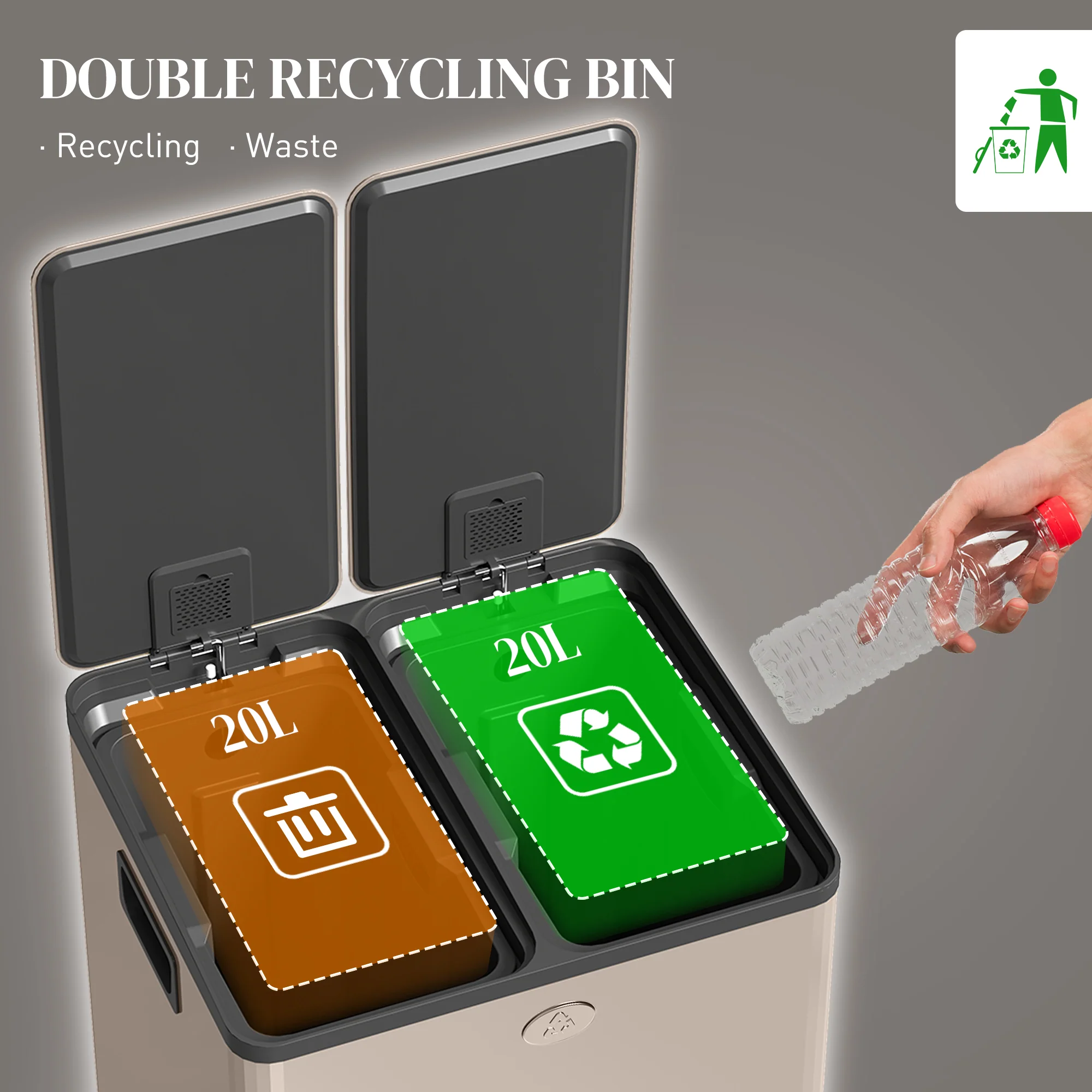 HOMCOM 2 X 20L Dual Kitchen Bin Pedal Bin For Recycling And Waste - Image 12