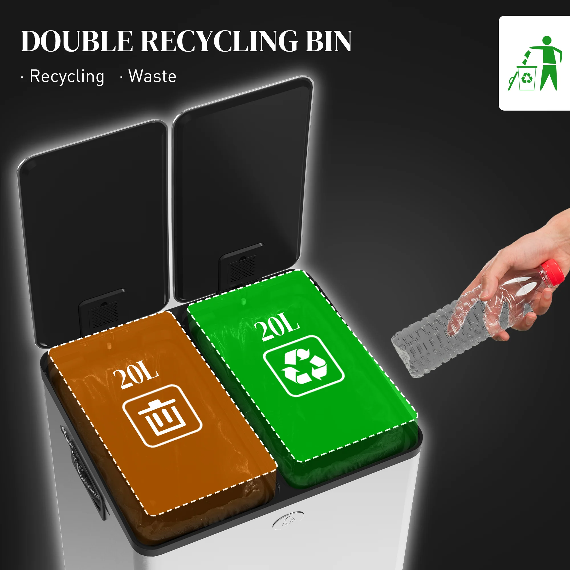 HOMCOM 2 X 20L Dual Kitchen Bin Pedal Bin For Recycling And Waste - Image 21