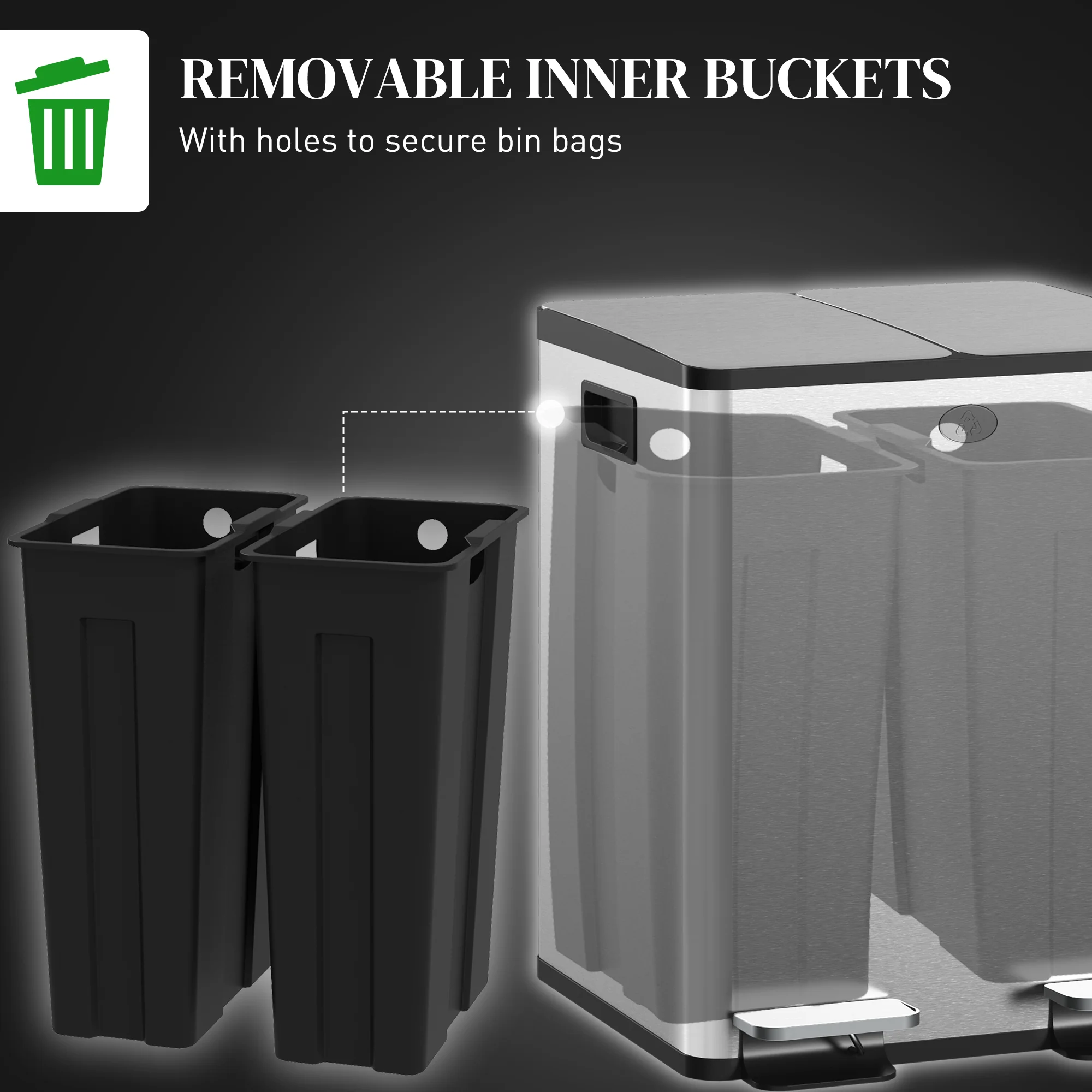 HOMCOM 2 X 20L Dual Kitchen Bin Pedal Bin For Recycling And Waste - Image 25