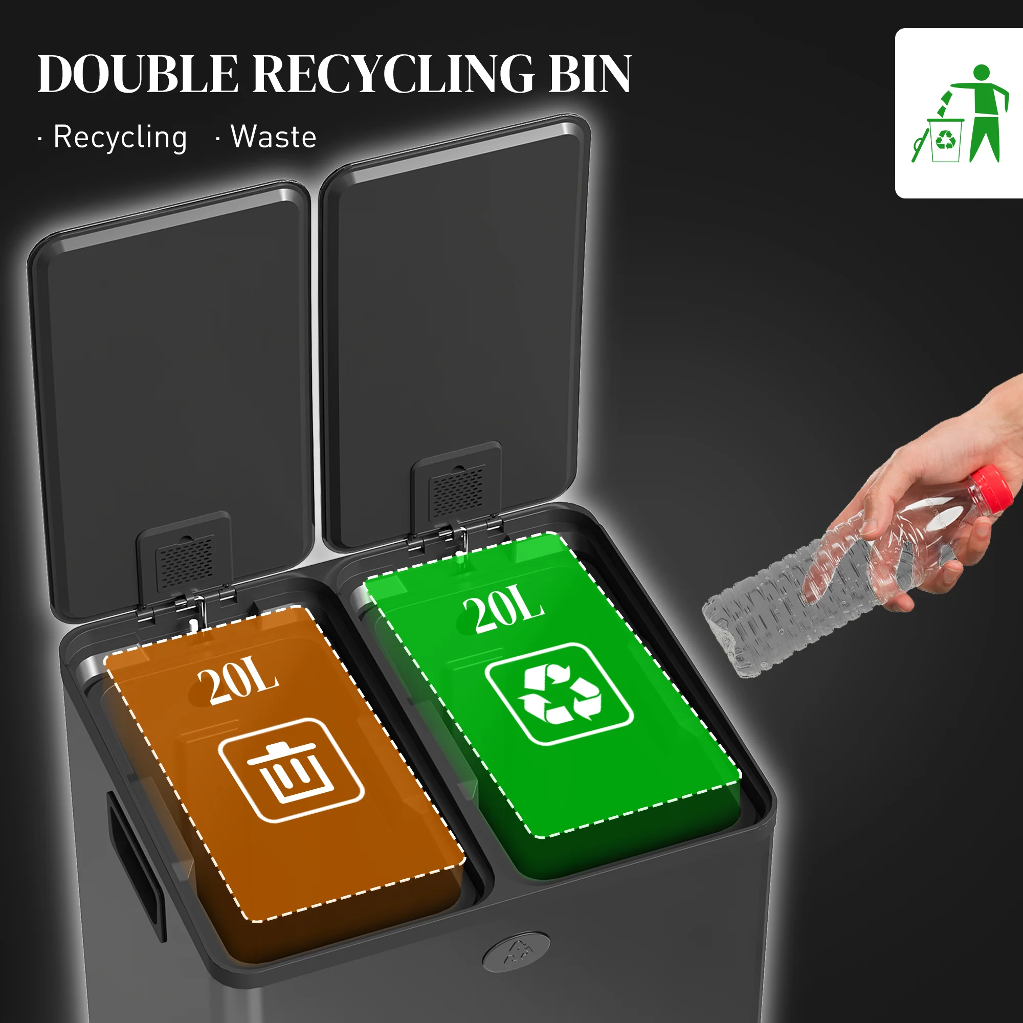 HOMCOM 2 X 20L Dual Kitchen Bin Pedal Bin For Recycling And Waste - Image 3