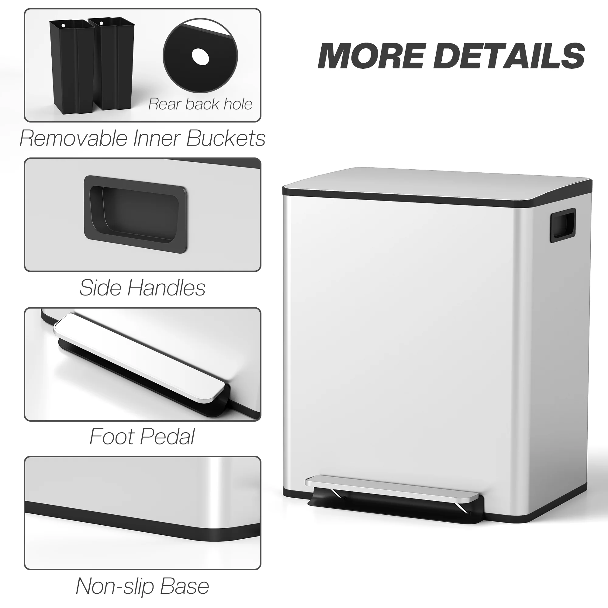 HOMCOM 2 x 25L Double Kitchen Bin, Pedal Bin with Soft-Close Lid, Silver - Image 7