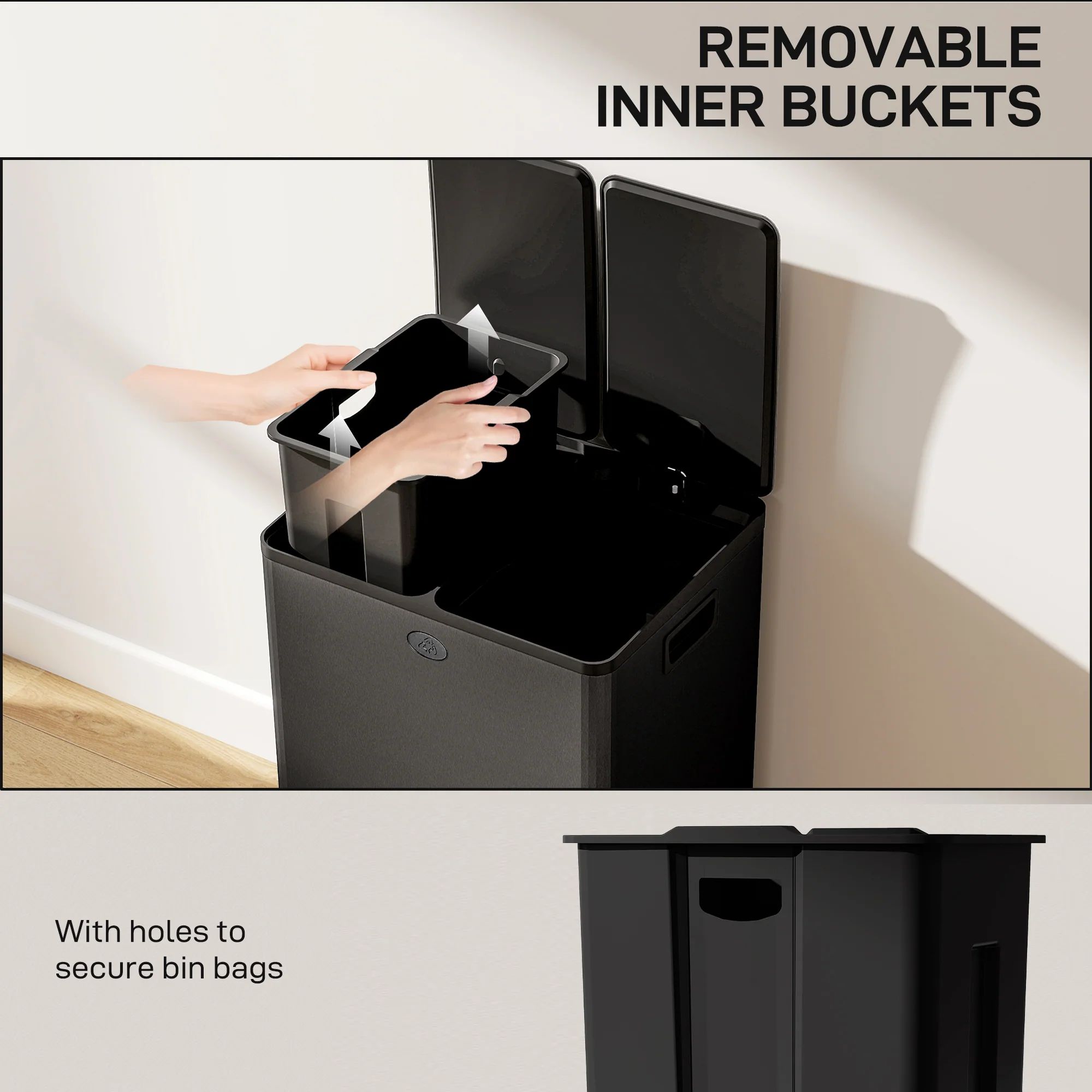 HOMCOM 2 x 28L Dual Kitchen Bin Pedal Bin for Recycling and Waste, Black - Image 7