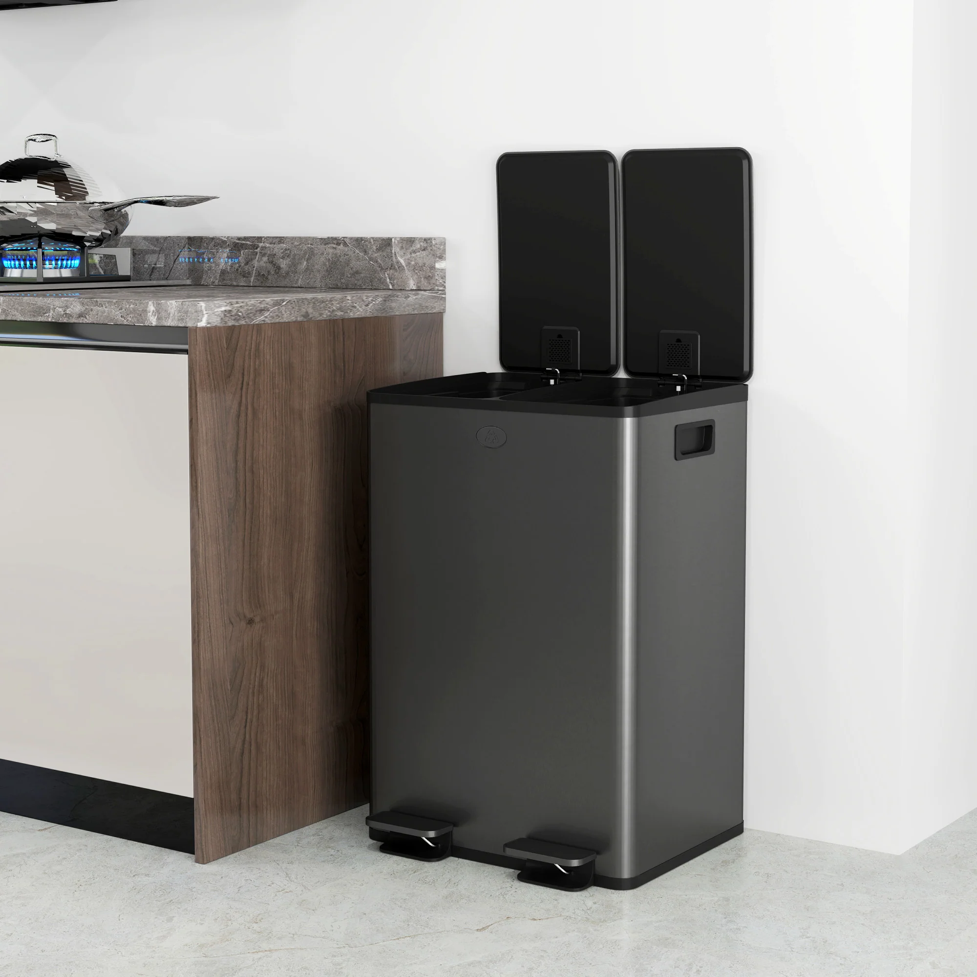 HOMCOM 2 x 28L Dual Kitchen Bin Pedal Bin for Recycling and Waste, Black - Image 9