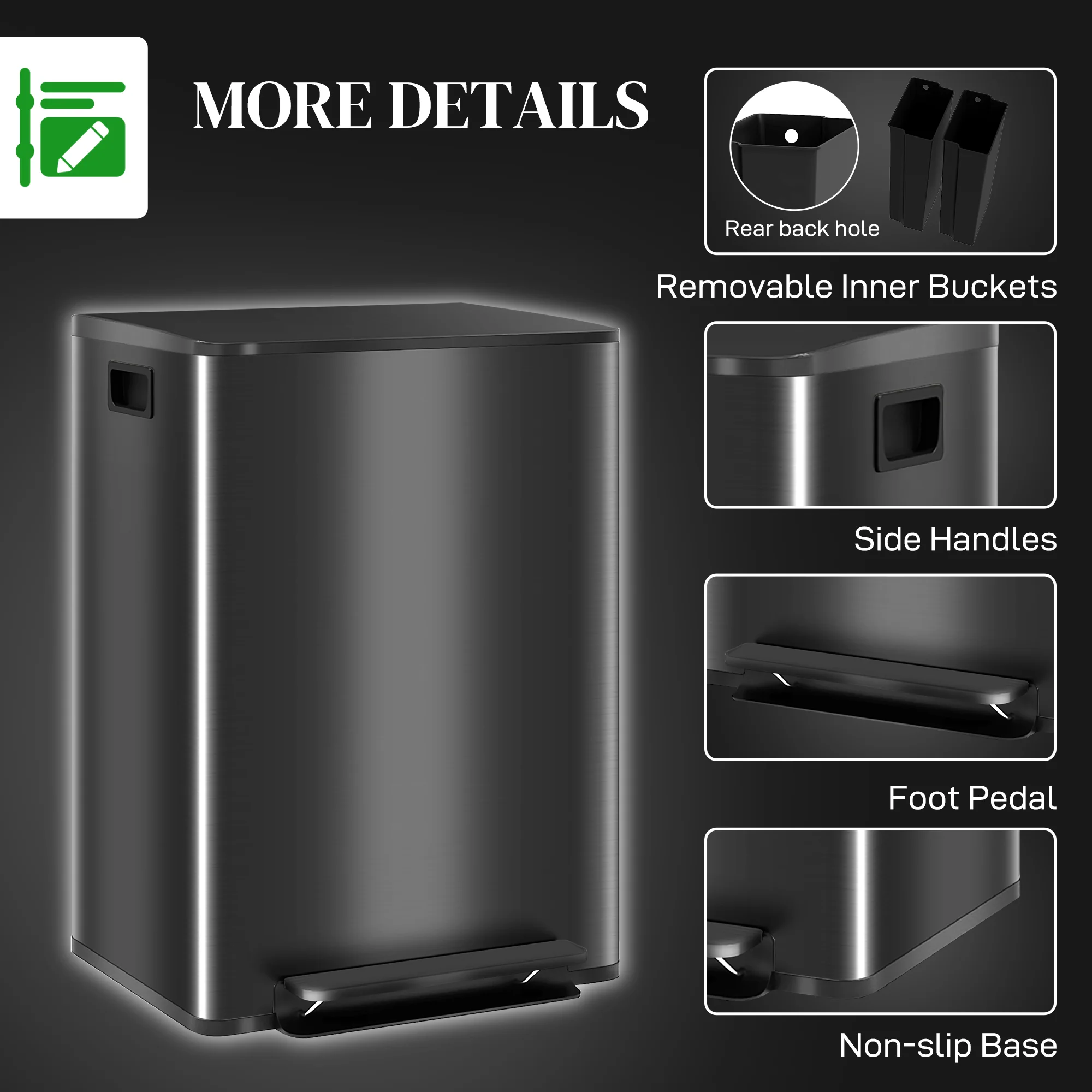 HOMCOM 2 x 30L Double Kitchen Bin, Pedal Bin with Soft-Close Lid, Black - Image 7