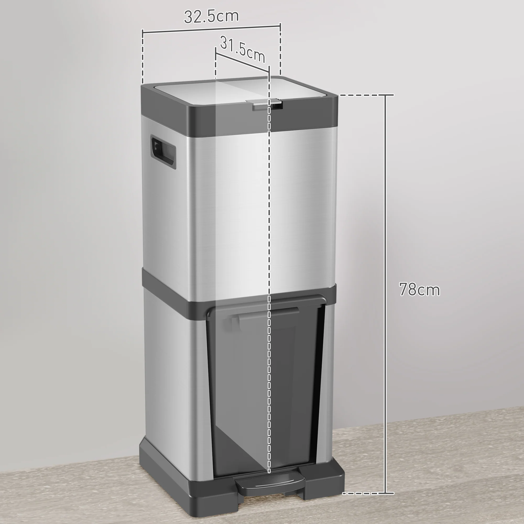HOMCOM 20+14L Double Kitchen Bin, Pedal Bin With Soft-Close Lid, Silver - Image 5