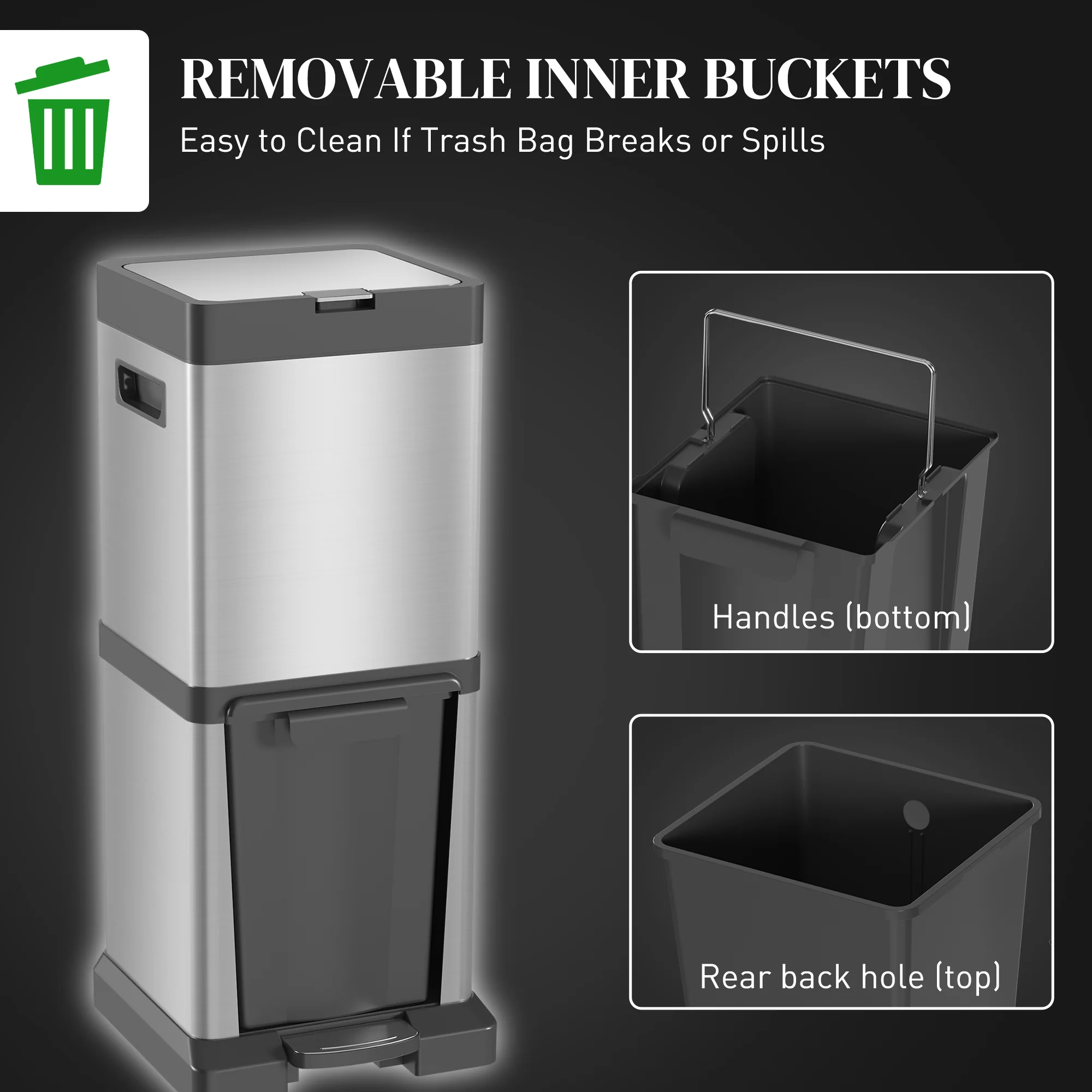 HOMCOM 20+14L Double Kitchen Bin, Pedal Bin With Soft-Close Lid, Silver - Image 7