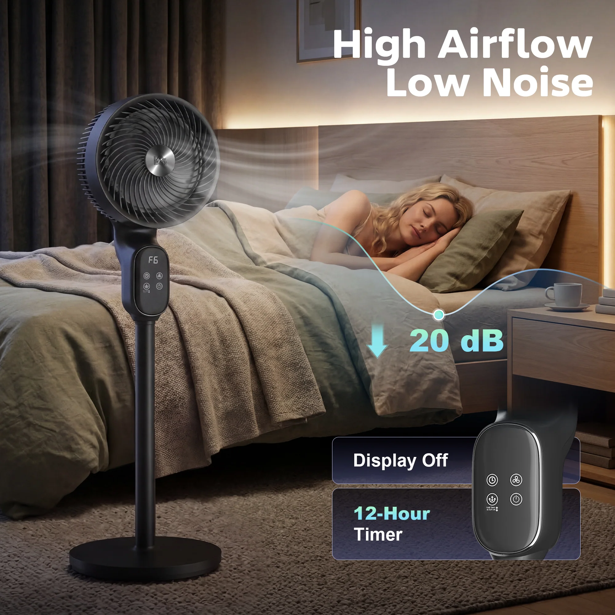 HOMCOM 20 DB Standing Fan For Bedroom, Pedestal Fan With Oscillating - Image 3