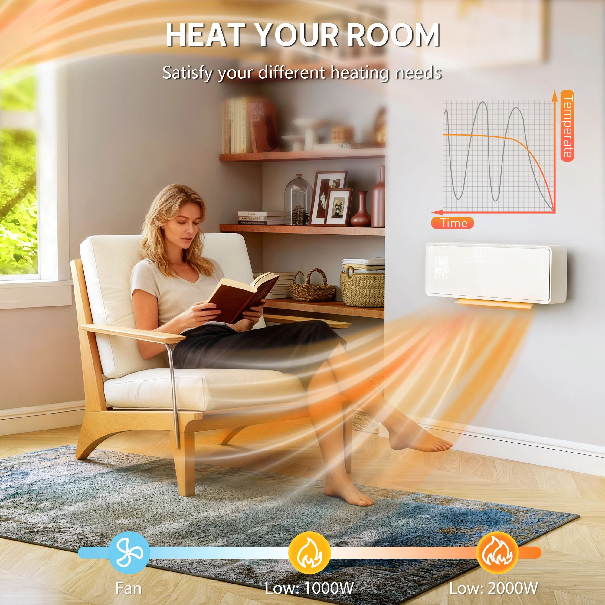 HOMCOM 2000W Ceramic Electric Heater with Fan, Wall Mounted, White - Image 4