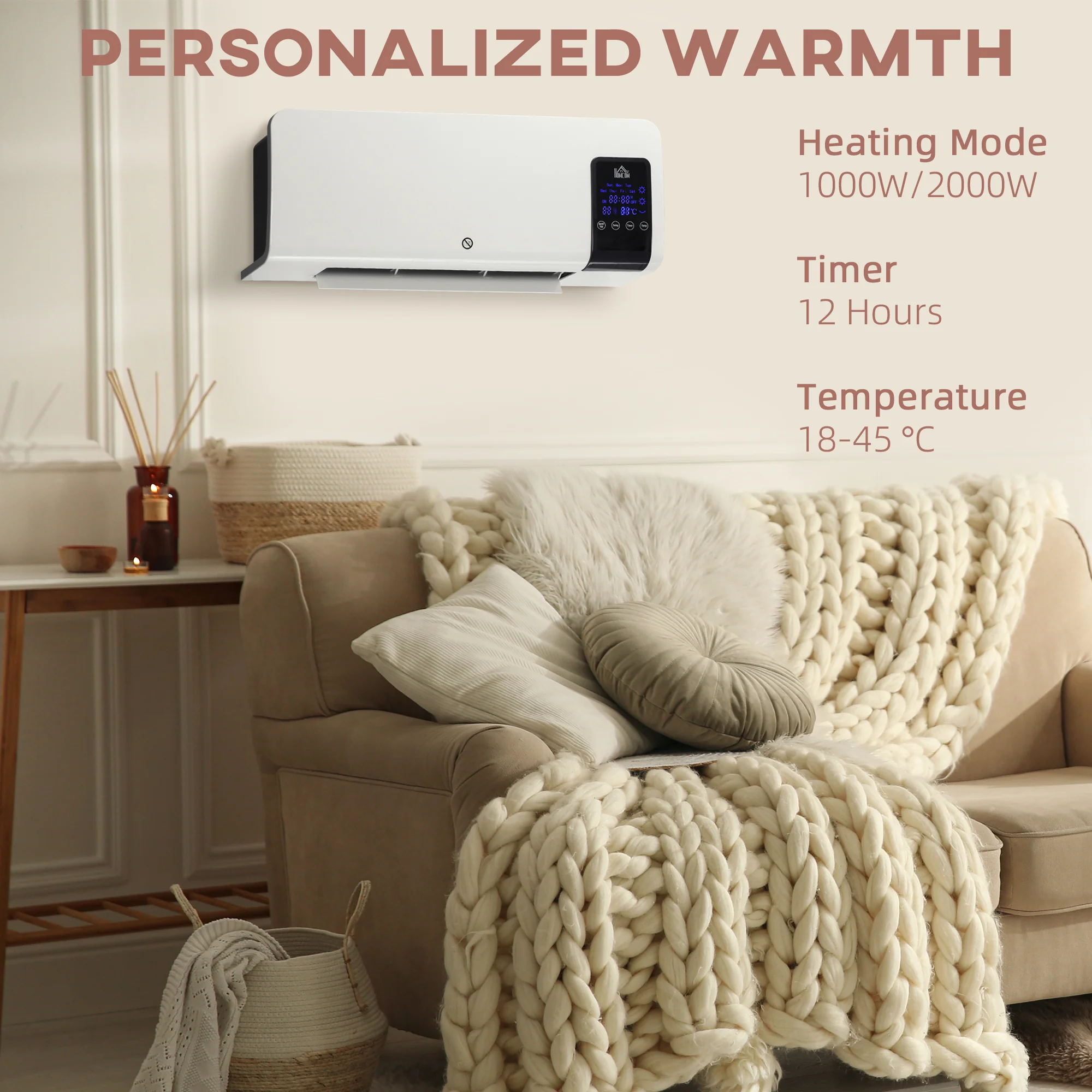 HOMCOM 2000W Wall Mounted Ceramic Heater with Remote Control for Home White - Image 3